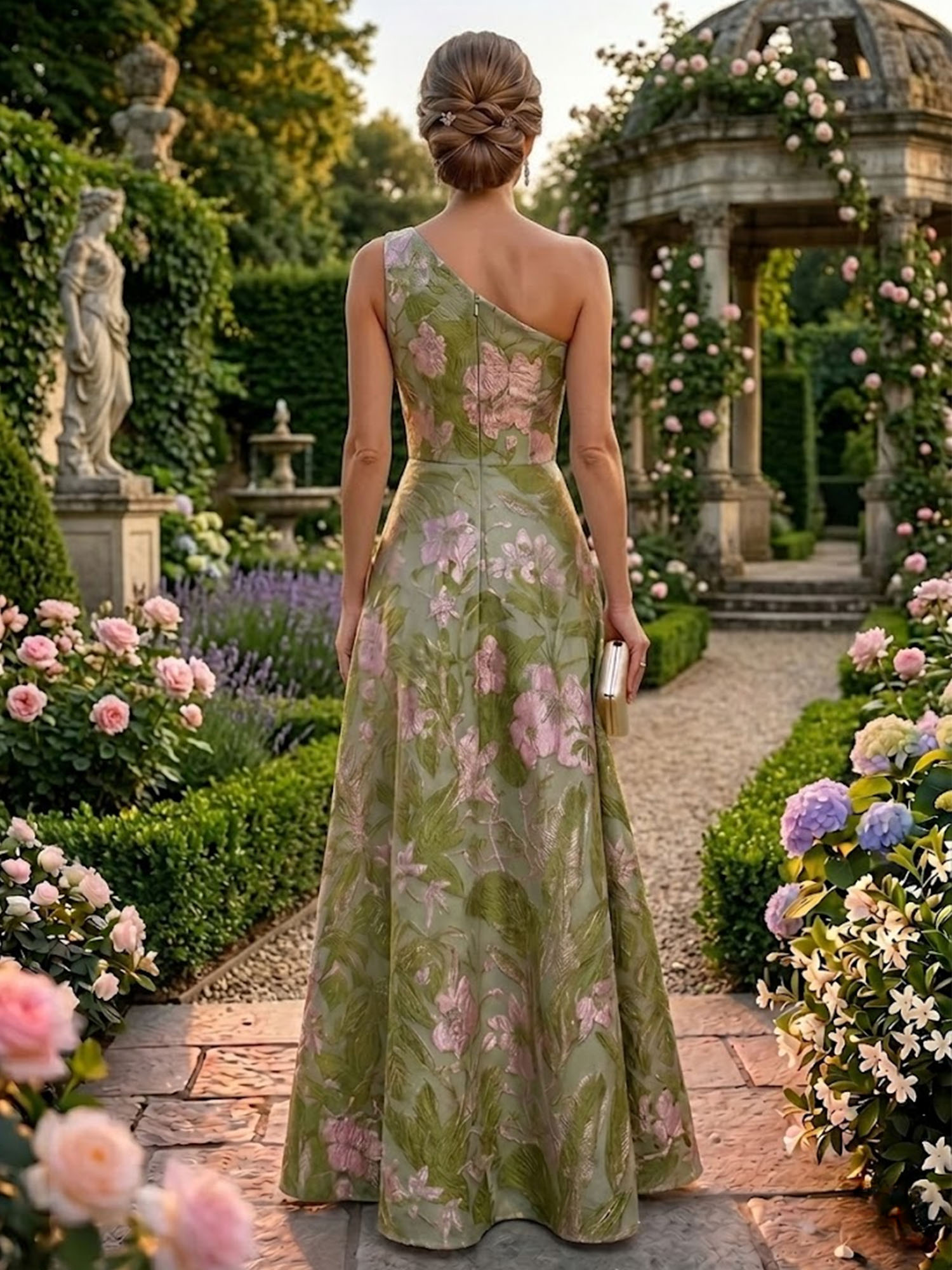 Olive Green Floral Print A-Line One Shoulder Floor-Length Mother of the Bride & Groom Dresses with Ruffles