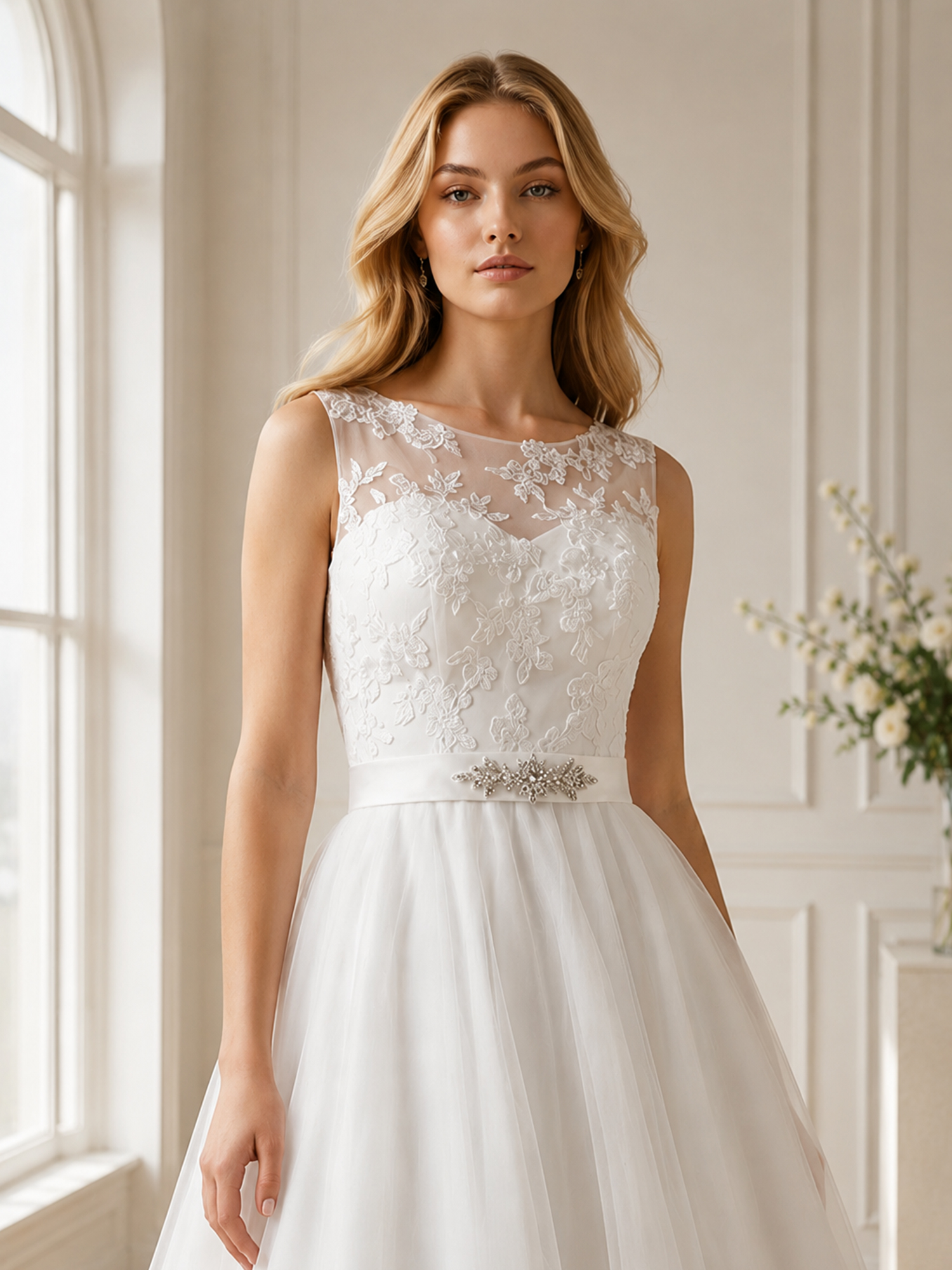 Timeless Ivory Embroidered Tea-Length Wedding Dress