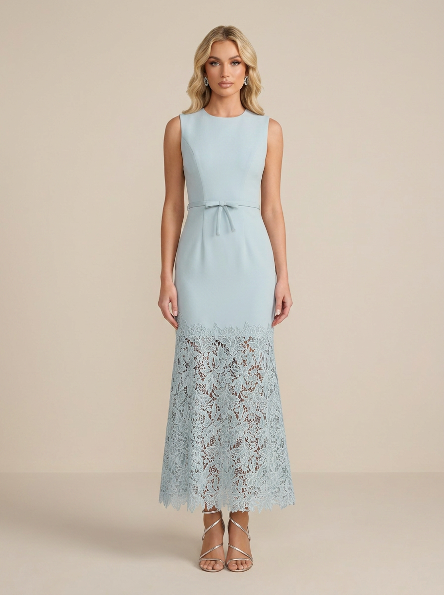 Refined Powder Blue Formal Evening Dress with Scalloped Lace Hem