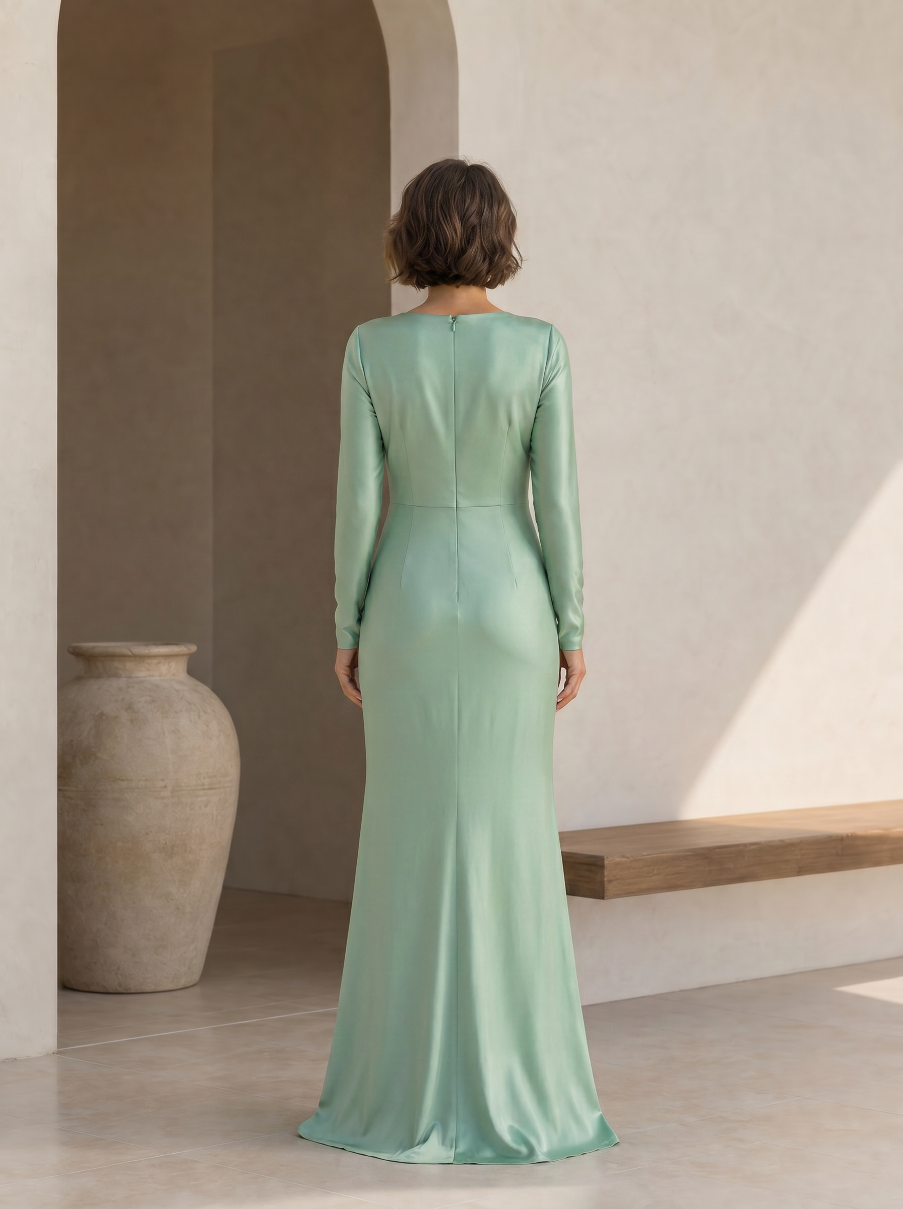 Radiant Sage Green Embellished Long-Sleeve V-Neck Sheath Formal Evening Dress With Slit