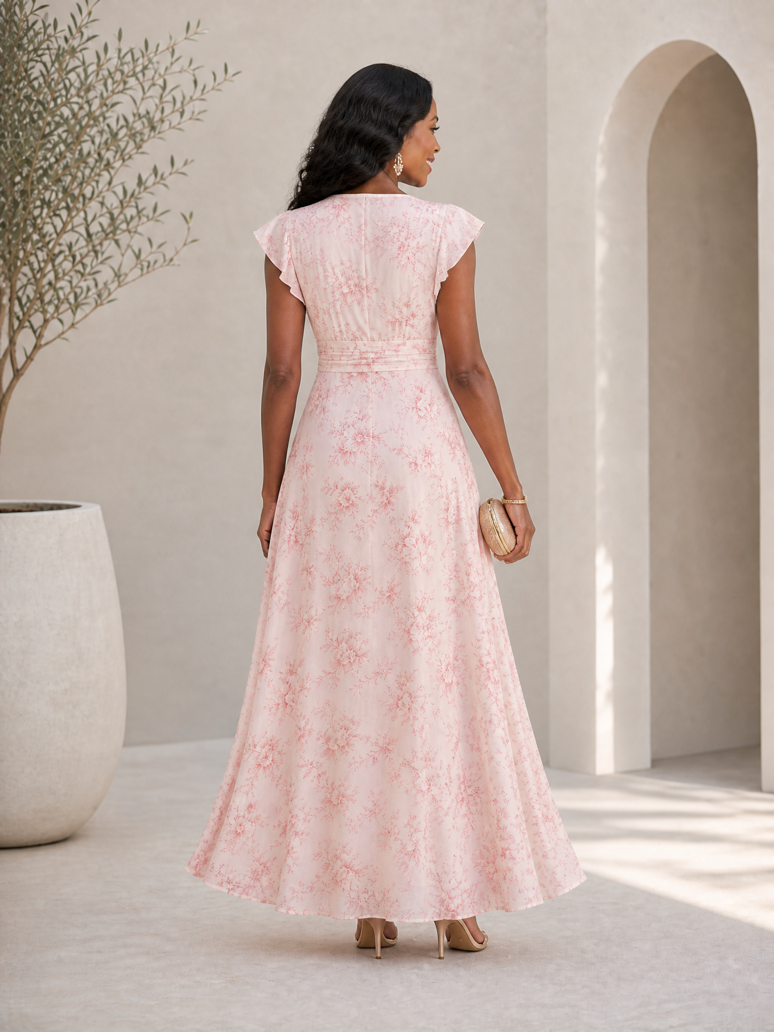 Luminous Pink Floral Chiffon Flutter-Sleeve V-Neck A-Line Formal Evening Dress