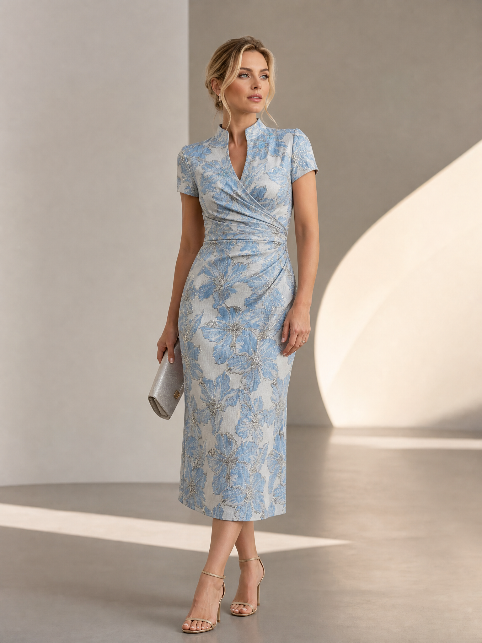 Ethereal Frost Blue Brocade Mandarin Collar Sheath Midi Gown Dress
