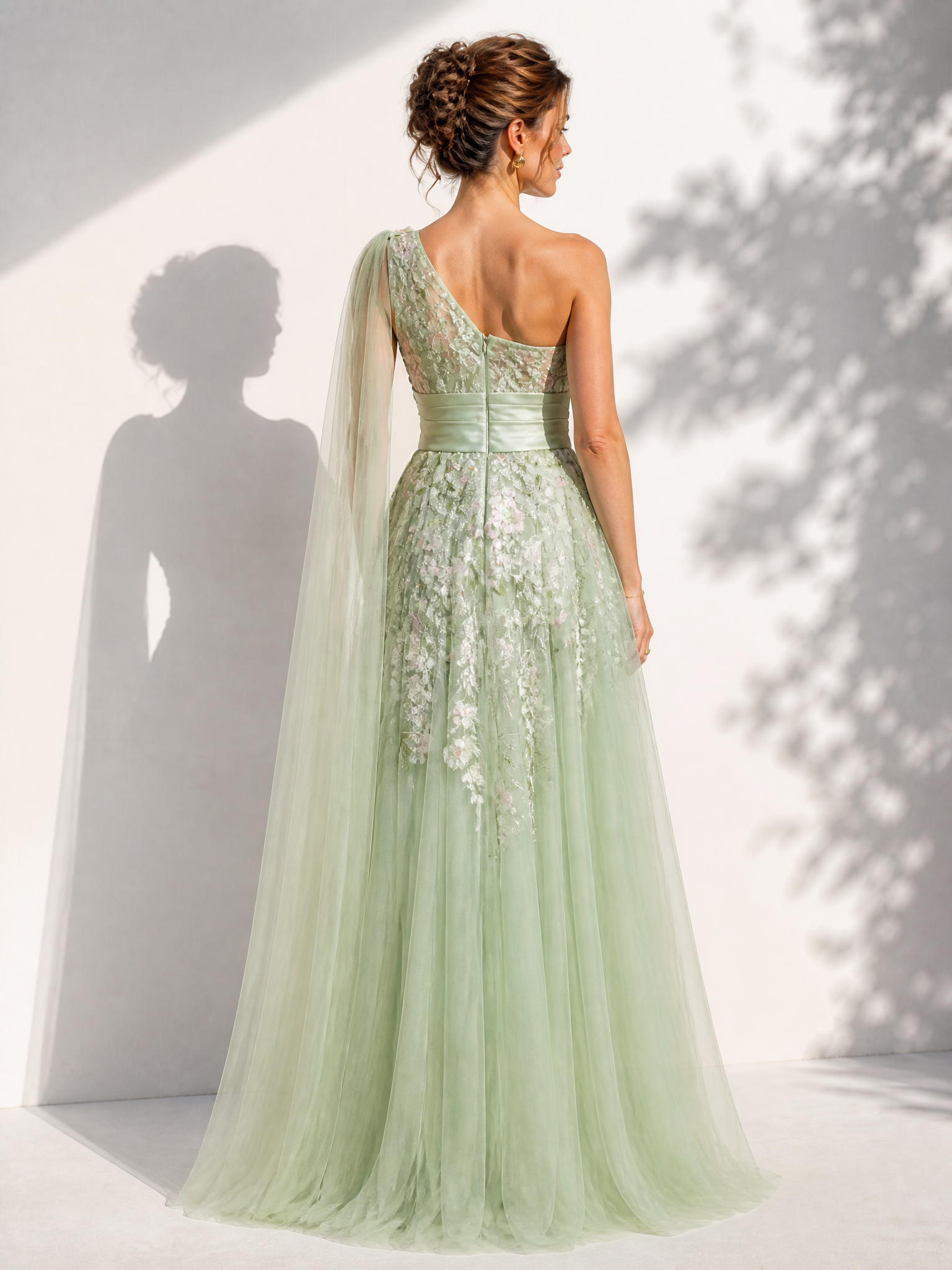Ethereal Sage Green One-Shoulder Floral Embroidered A-Line Floor-Length Gown Dress