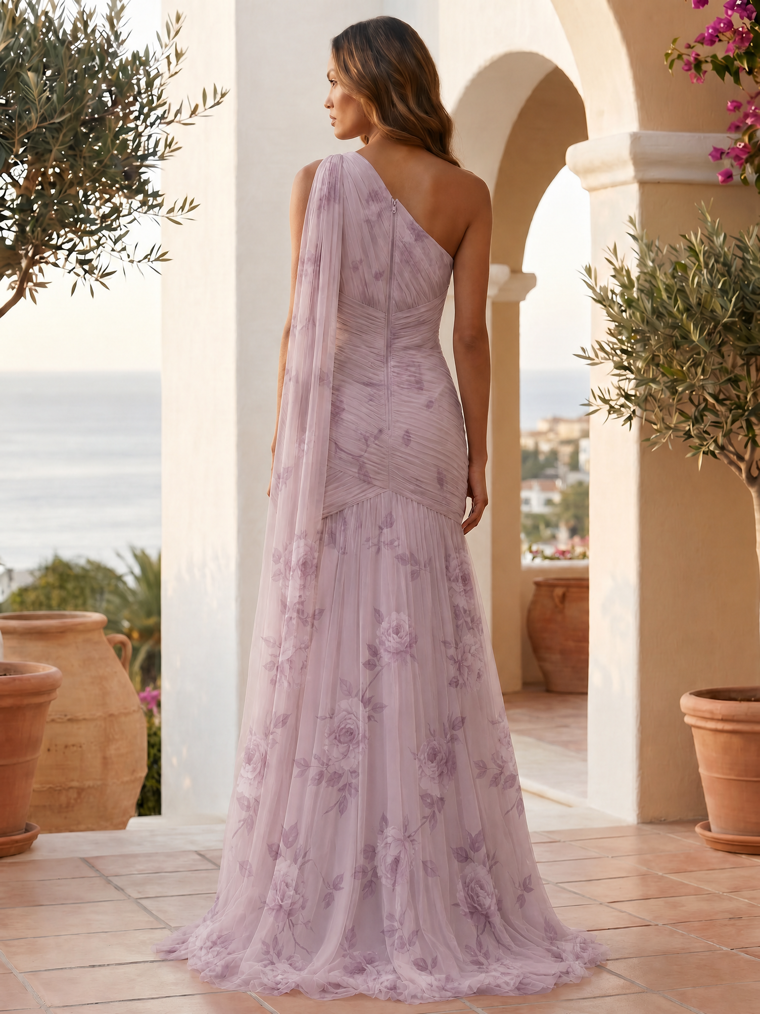 Lavender Floral One-Shoulder Draped Mermaid Maxi Evening Gown Dress 