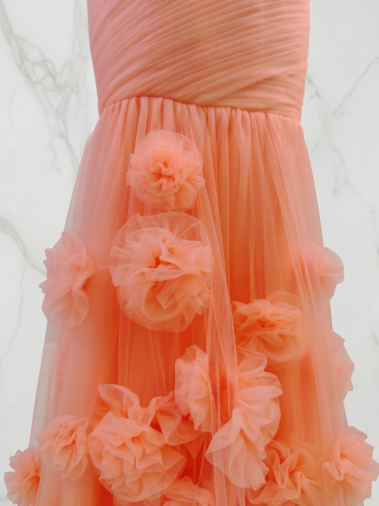 Coral Sweetheart Tulle Pleat One Shoulder Mermaid Evening Dresses Gown with 3D Flower