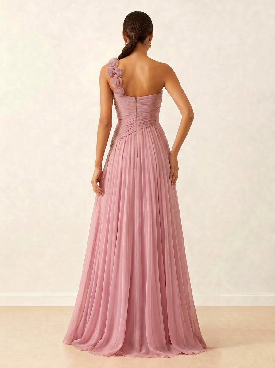 Ethereal Ruched Chiffon One-Shoulder A-Line Formal Evening Dress 