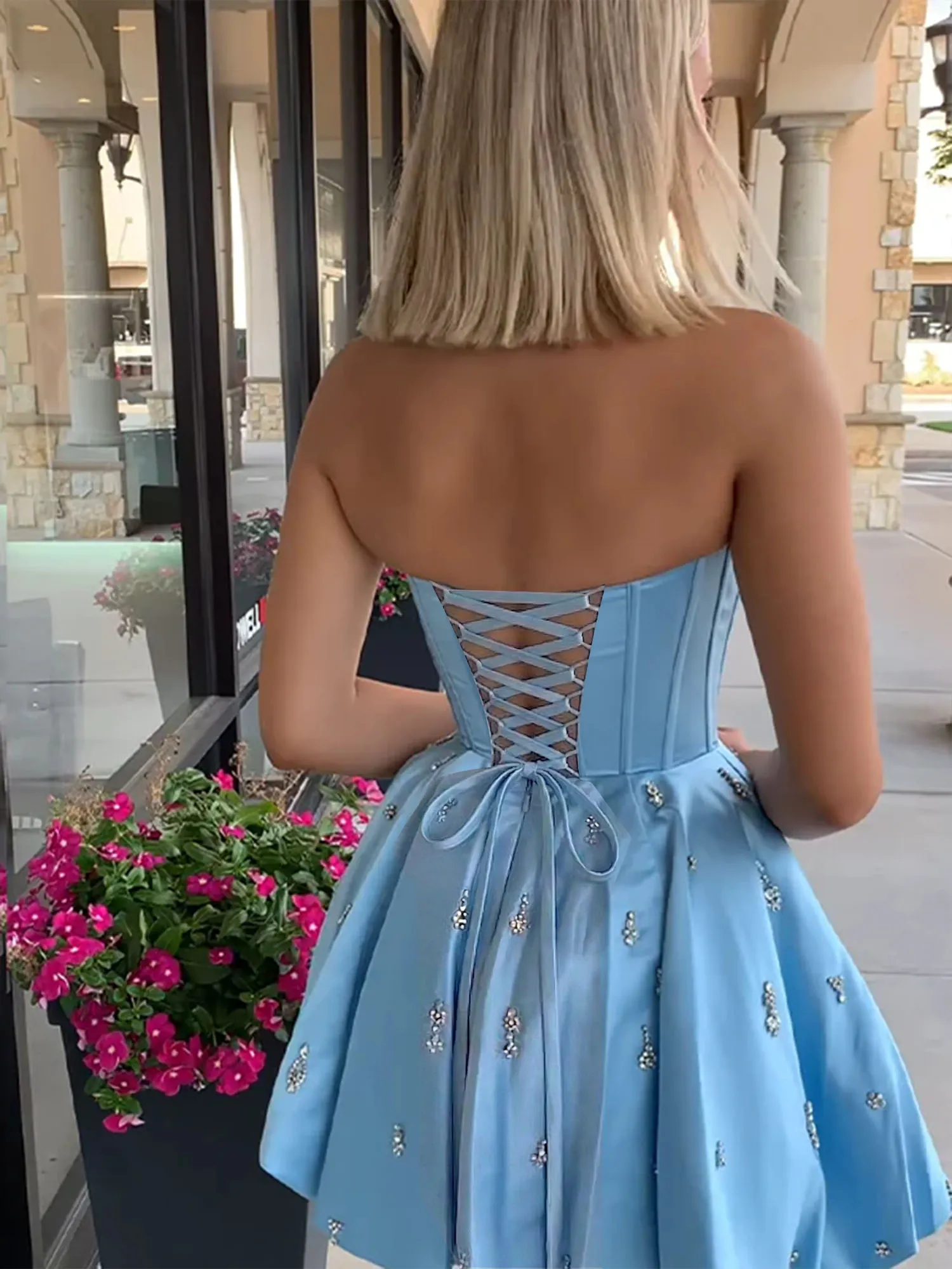 Strapless Beaded Corset Lace-Up Back Satin Homecoming Dress