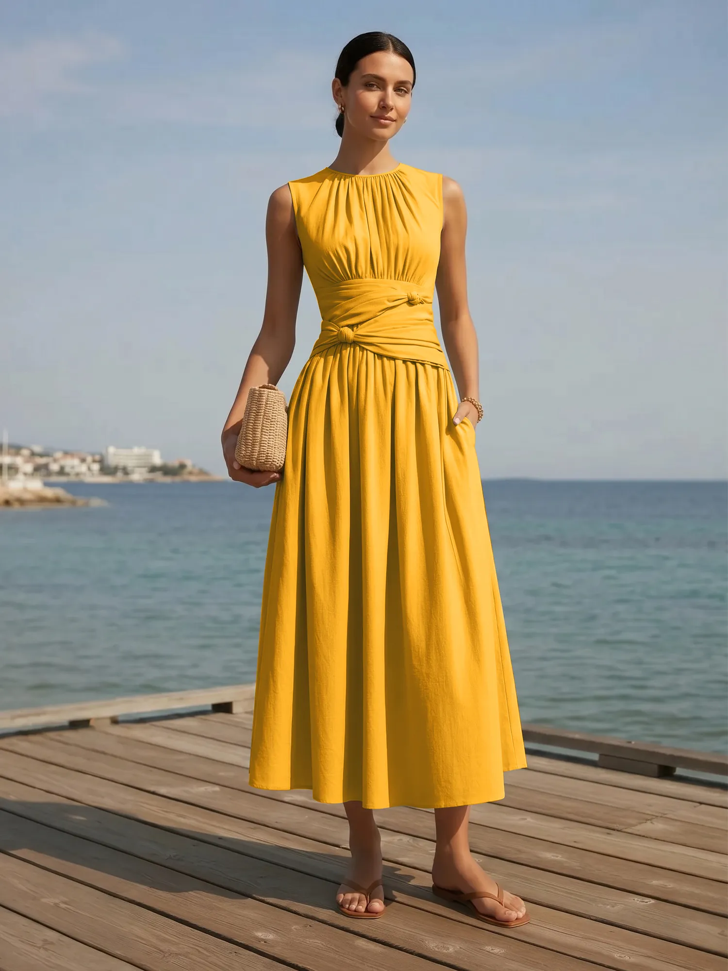 Sleeveless Round Neck Waist-Knot Midi Evening Dress