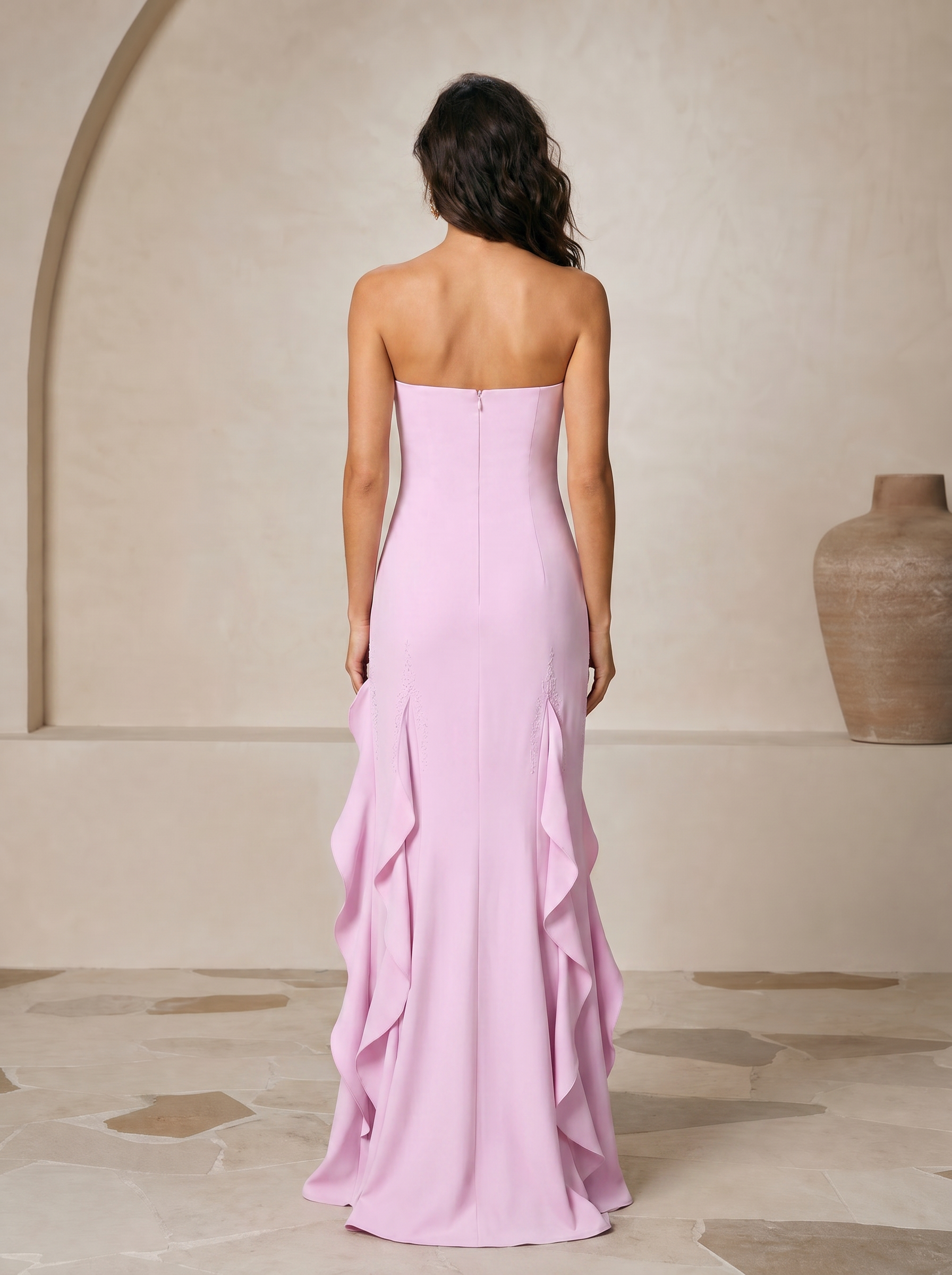 Refined Pink Ruffle-Detail Column Strapless Formal Evening Dress