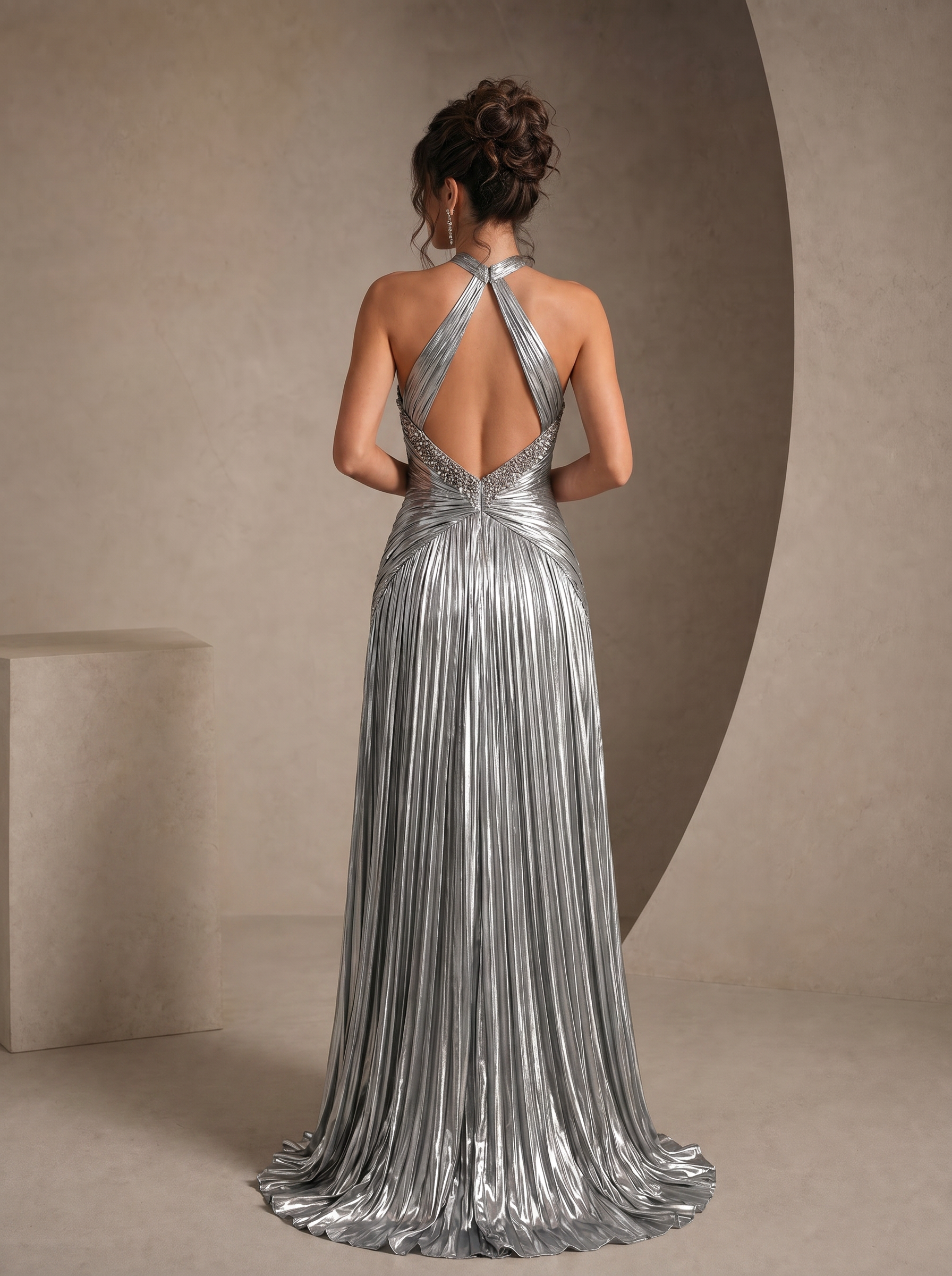 Futuristic Metallic Silver Pleated Halter A-Line Formal Evening Dress 