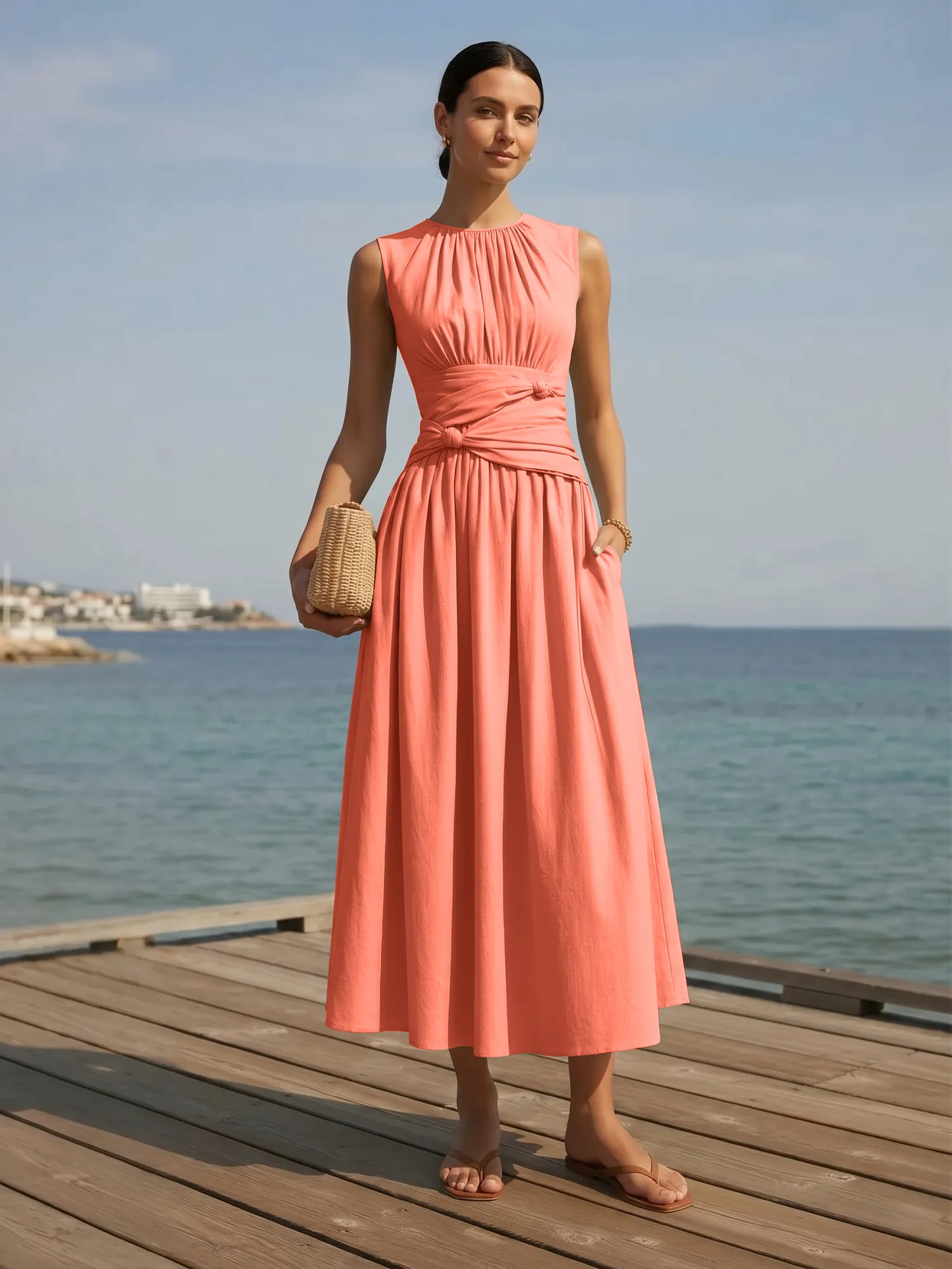 Sleeveless Round Neck Waist-Knot Midi Evening Dress
