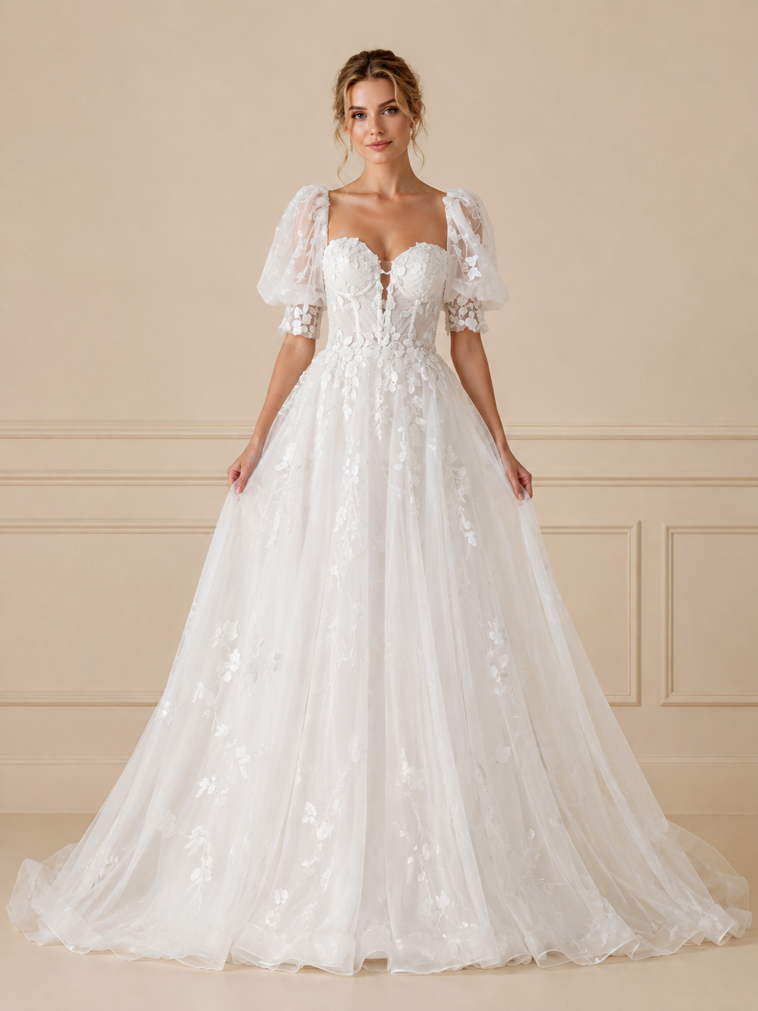 Luminous White Square-Neck Floral Tulle A-Line Maxi Wedding Dress 