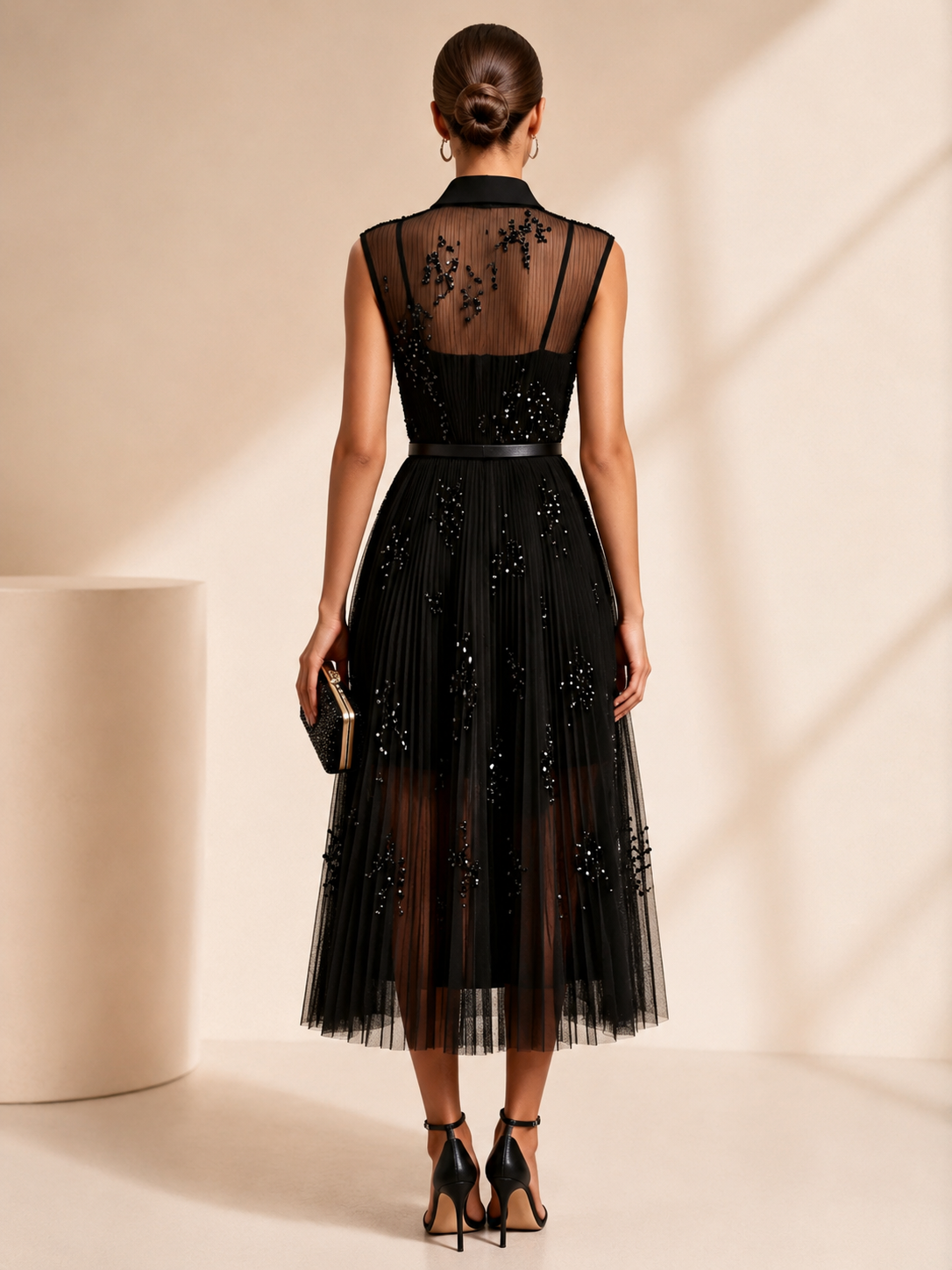 Black Sheer Shirt-Style Sequin Pleated Sleeveless A-Line Midi Evening Gown Dress 