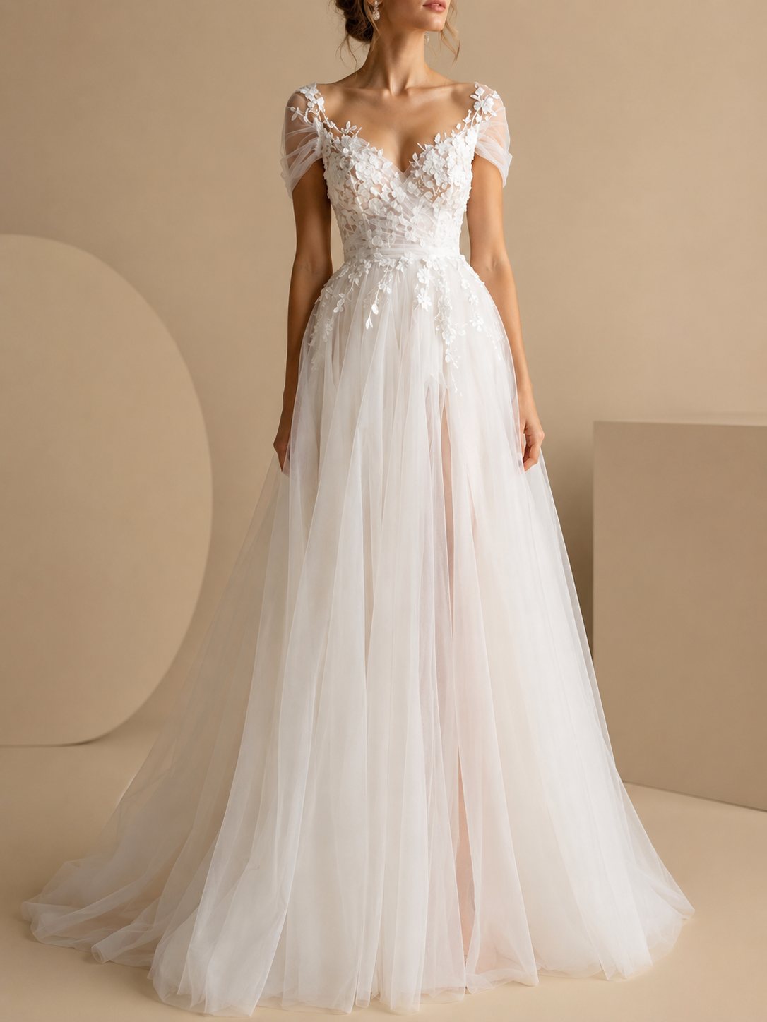 White V-Neck Tulle Sweetheart A-Line Wedding Dress 