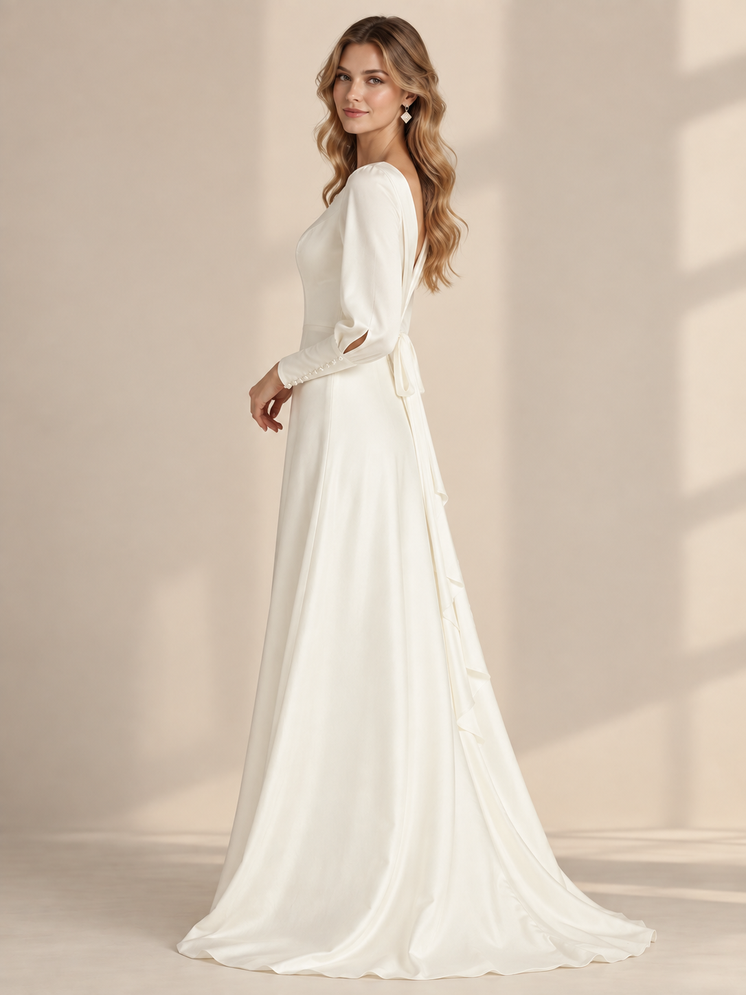 Ivory Satin Long-Sleeve Bow-Back A-Line Wedding Dress 