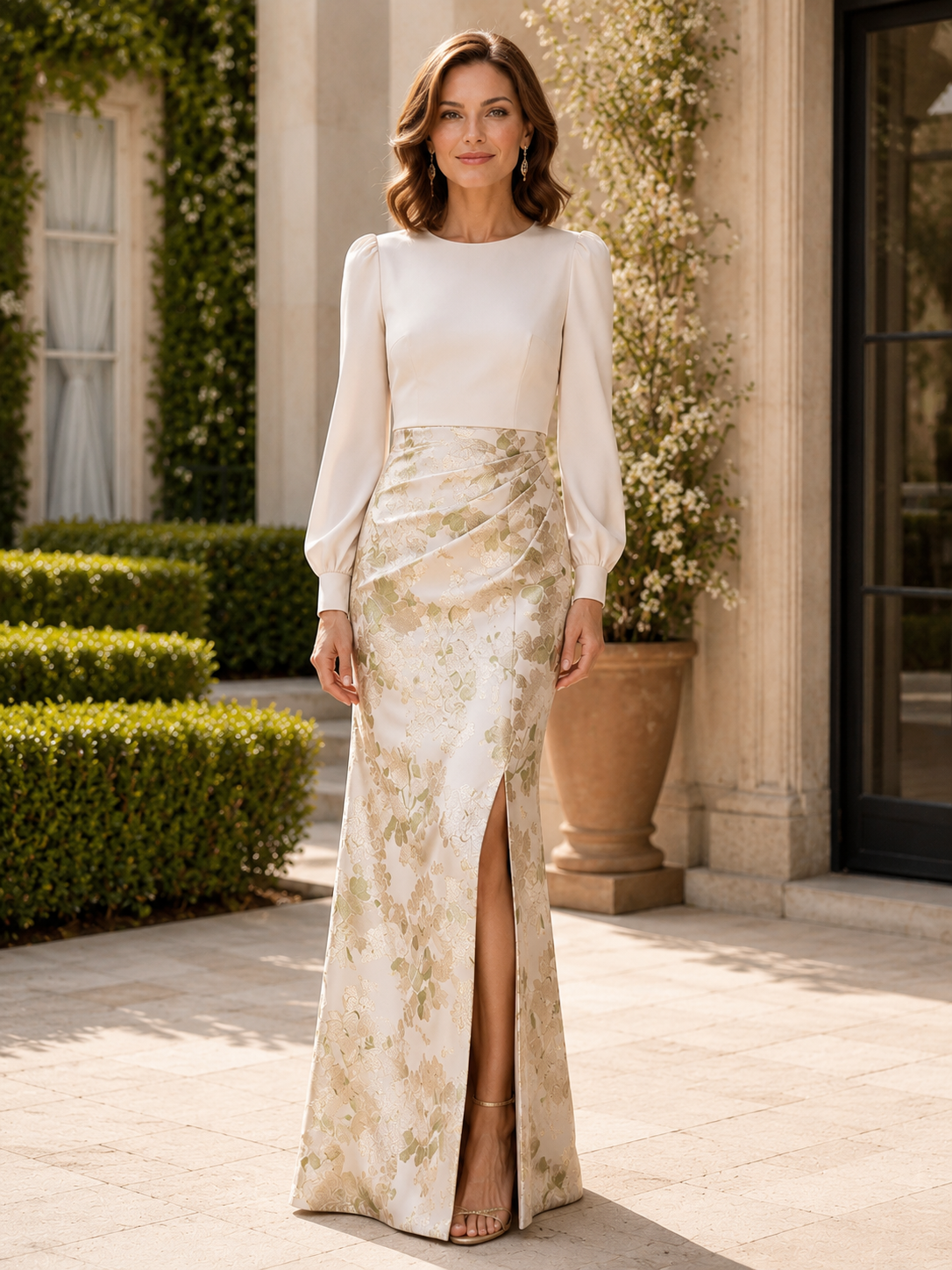 Champagne Brocade Long-Sleeve High Slit Sheath Maxi Mother of the Bride & Groom Dresses 