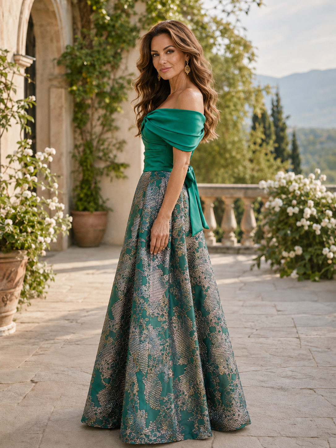 Green Brocade Off-The-Shoulder A-Line Maxi Mother of the Bride & Groom Dresses