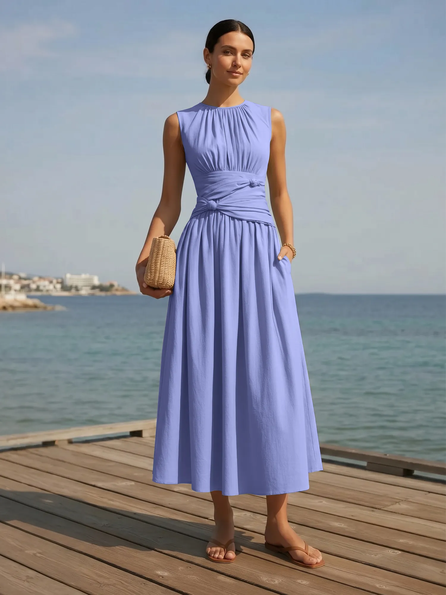 Sleeveless Round Neck Waist-Knot Midi Evening Dress