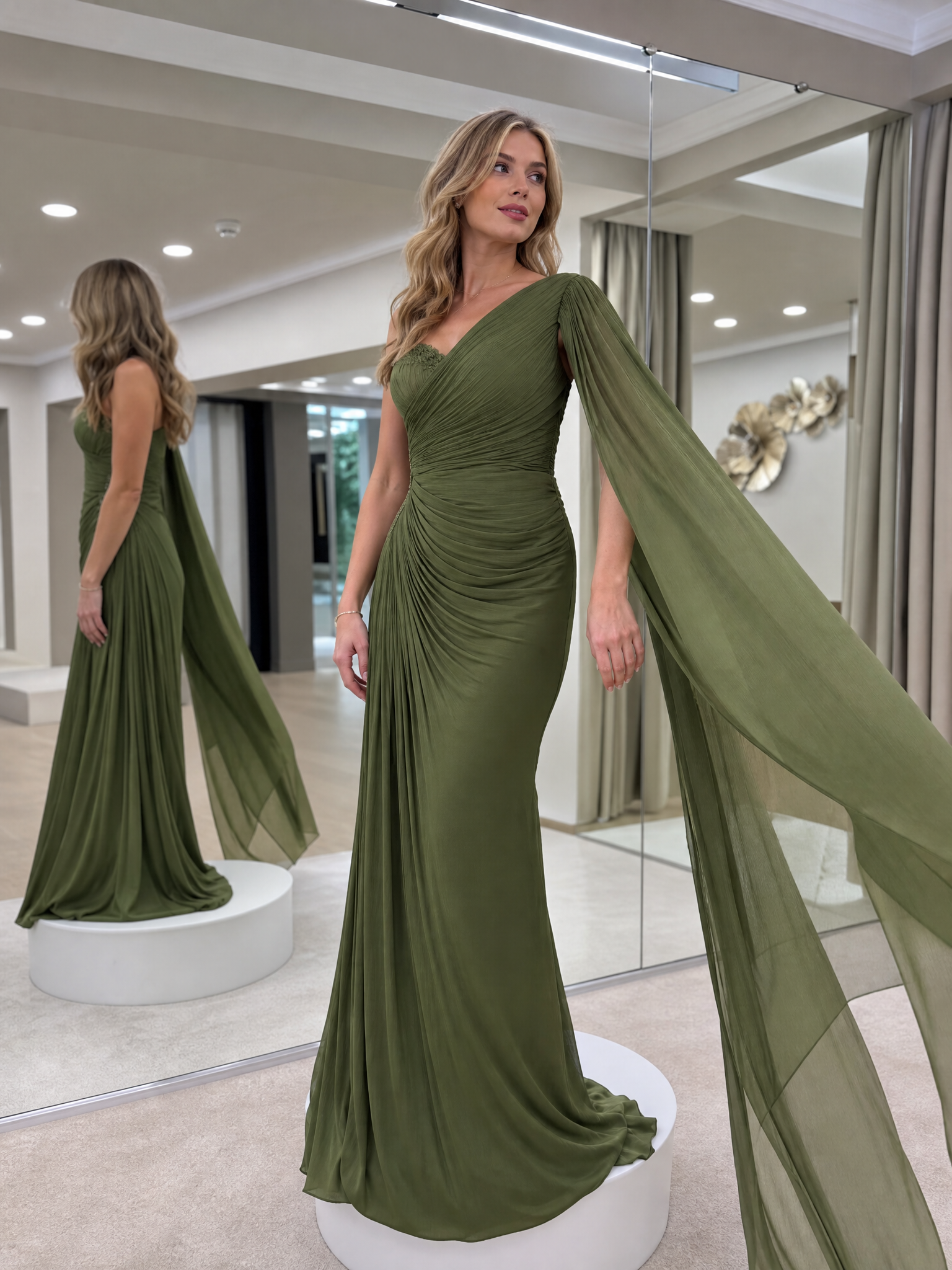 Ethereal Olive Green Draped Chiffon One Shoulder Sheath Maxi Formal Evening Dress 