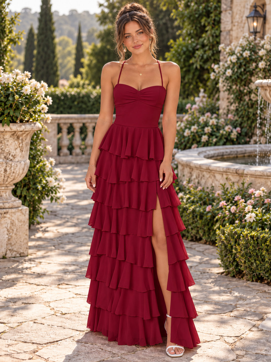 Ethereal Bubblegum Pink Tiered Ruffle Spaghetti Strap Slit Maxi Prom Dress