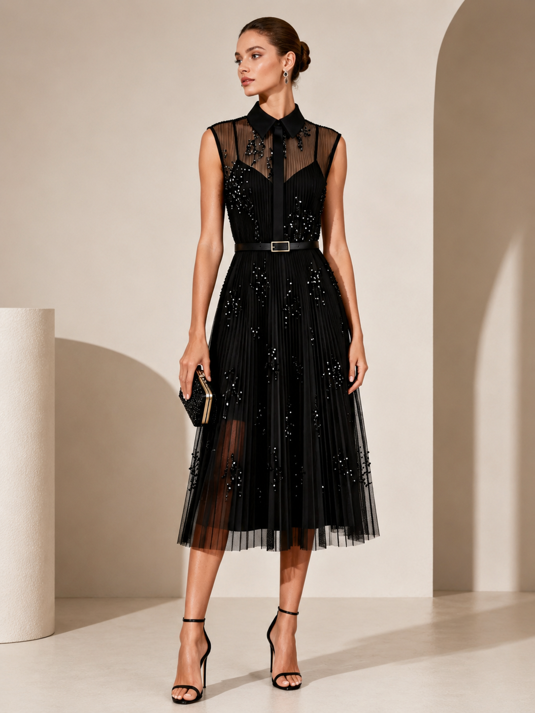 Black Sheer Shirt-Style Sequin Pleated Sleeveless A-Line Midi Evening Gown Dress 