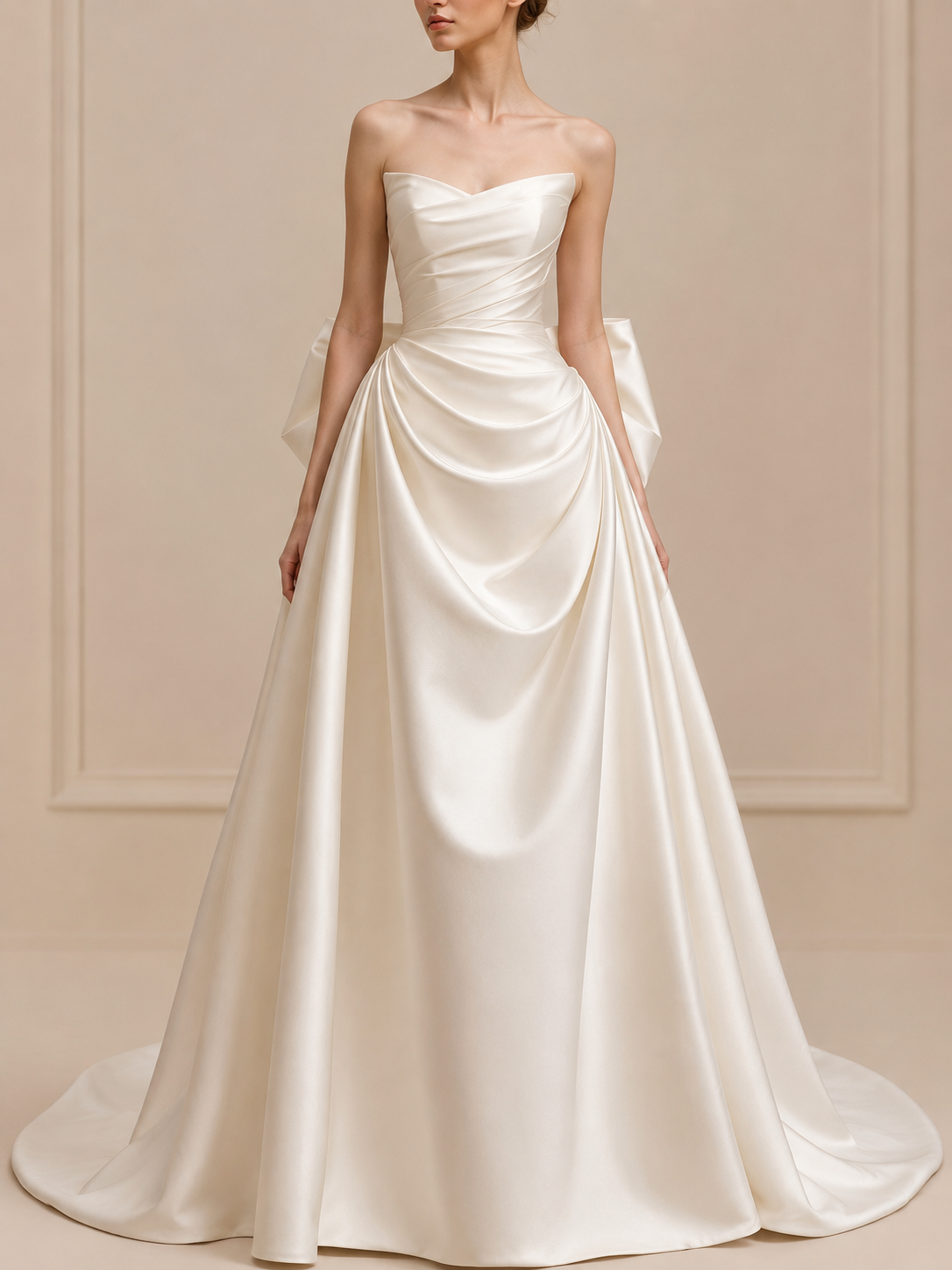 Ivory Draped Strapless Satin A-Line Wedding Dress with Back Bow