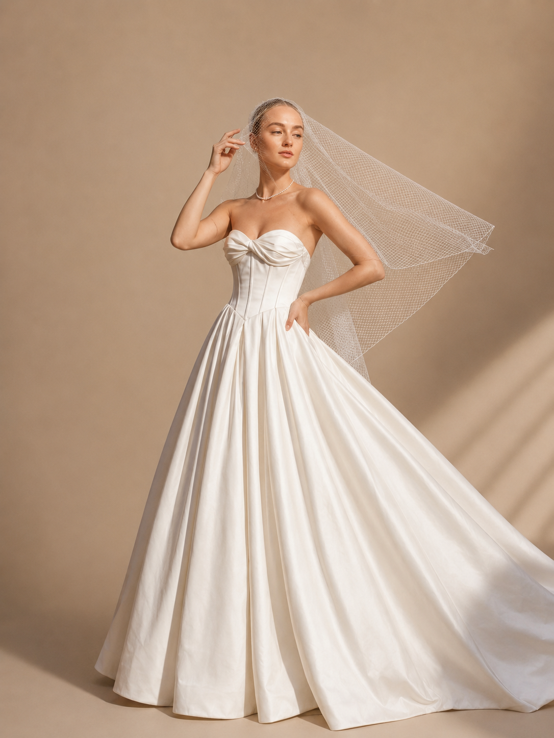 White Strapless Sweetheart Draped Bust Satin A-Line Wedding Dress 