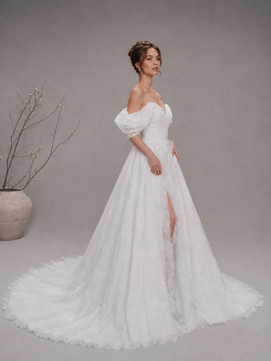 White Off-the-Shoulder Glitter Floral Front Slit A-Line Maxi Wedding Dress 