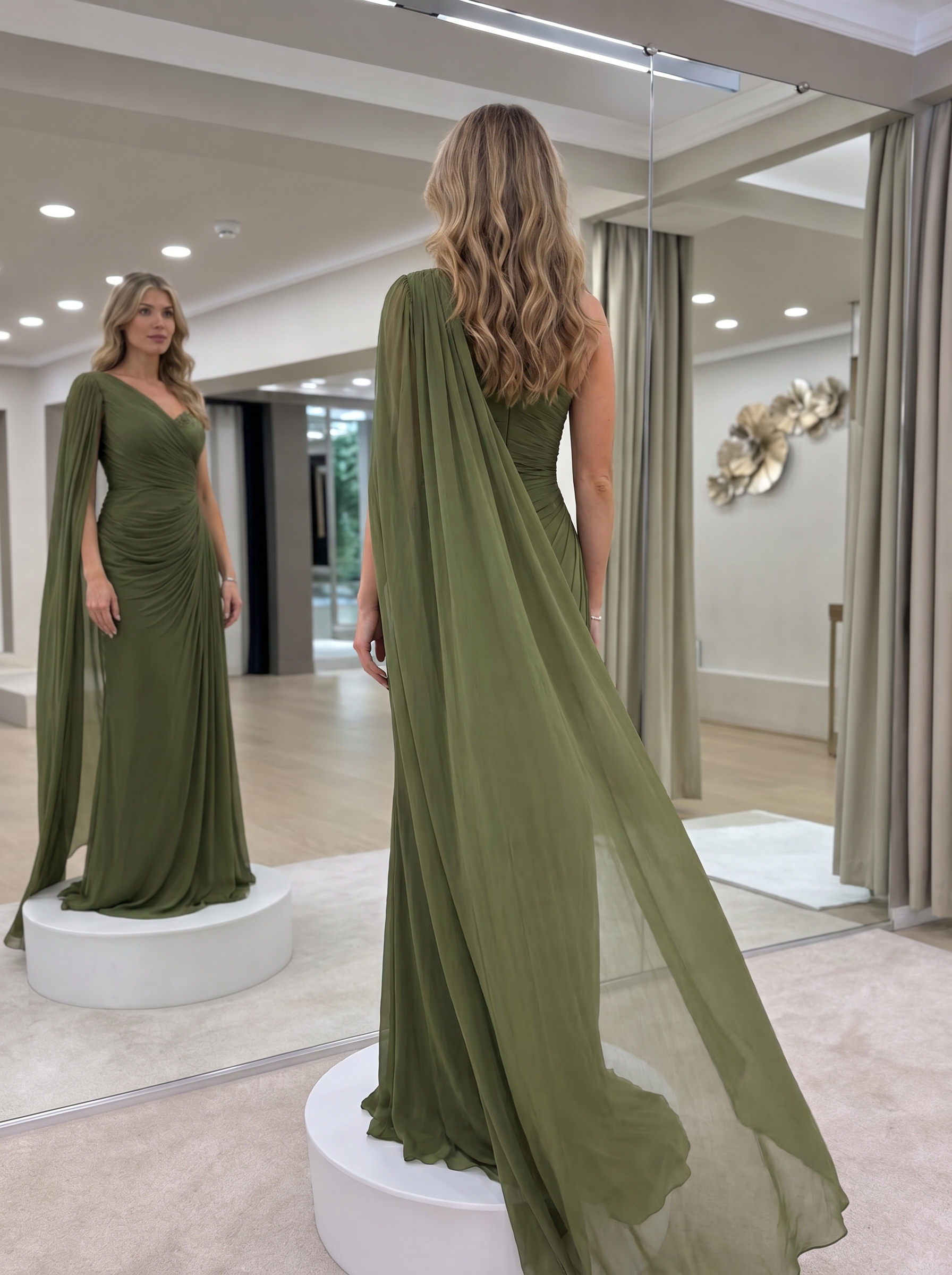 Ethereal Olive Green Draped Chiffon One Shoulder Sheath Maxi Formal Evening Dress 