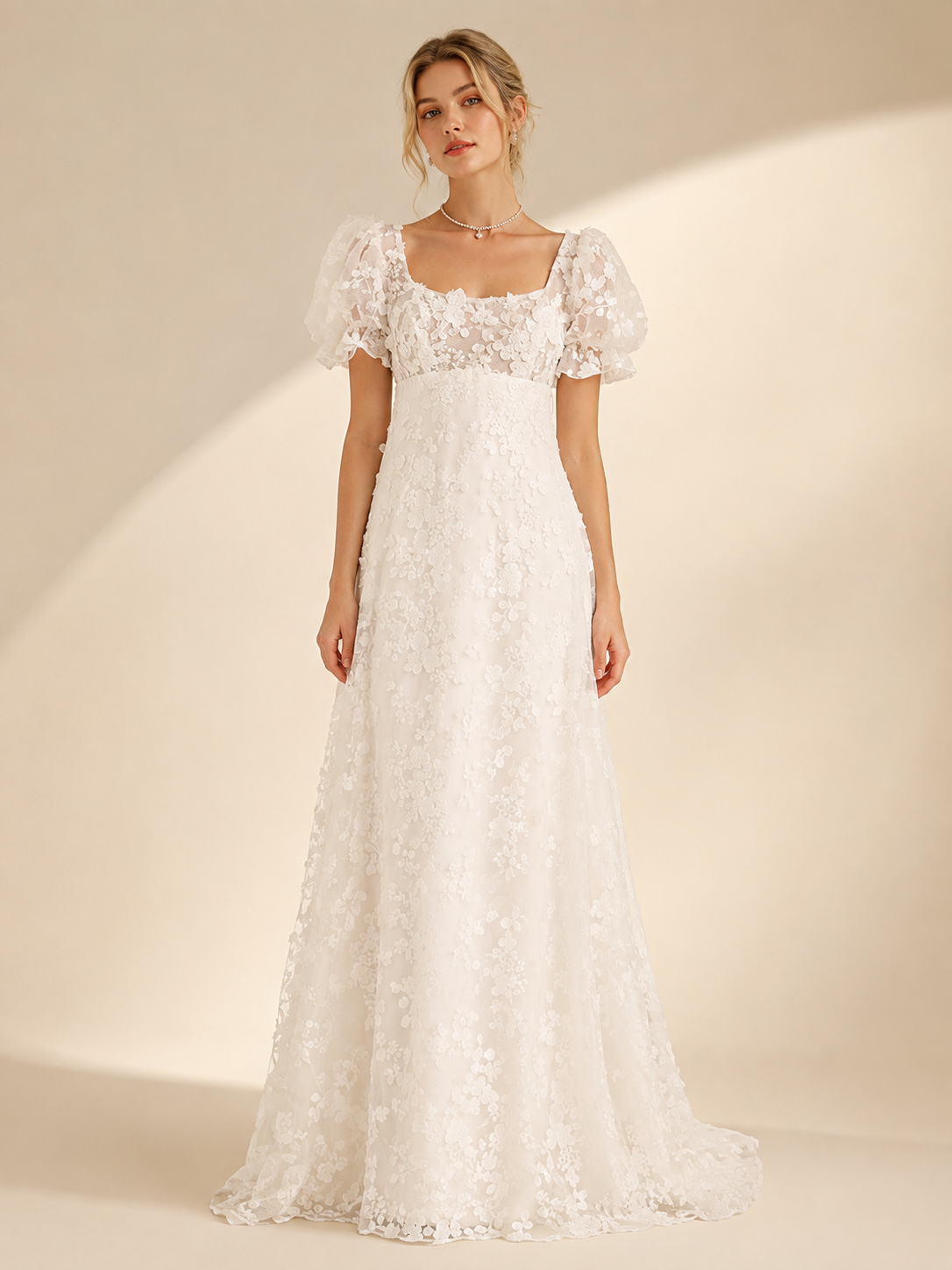 White Puff-Sleeve 3D Floral Square Neckline Lace Empire Maxi Wedding Dress 