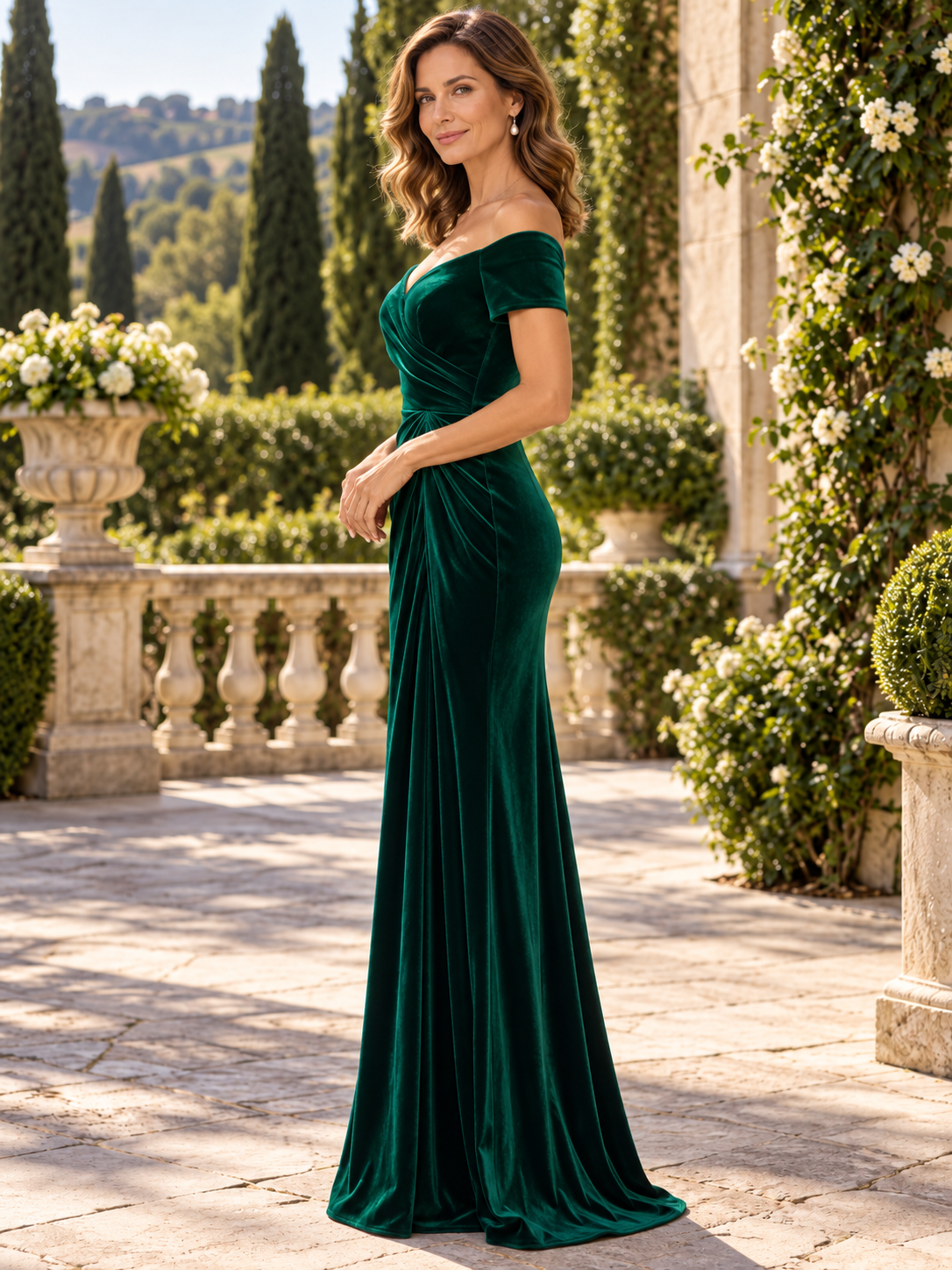 Ethereal Emerald Green Velvet Off-the-Shoulder Draped Sheath Maxi Mother of the Bride & Groom Dresses 
