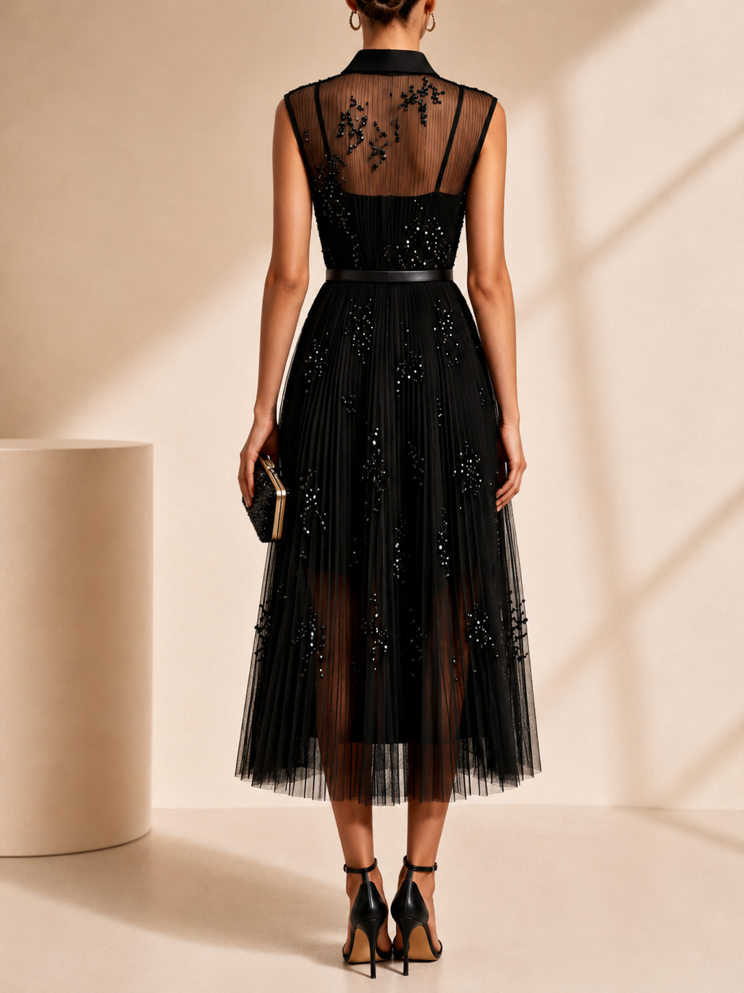 Black Sheer Shirt-Style Sequin Pleated Sleeveless A-Line Midi Evening Gown Dress 