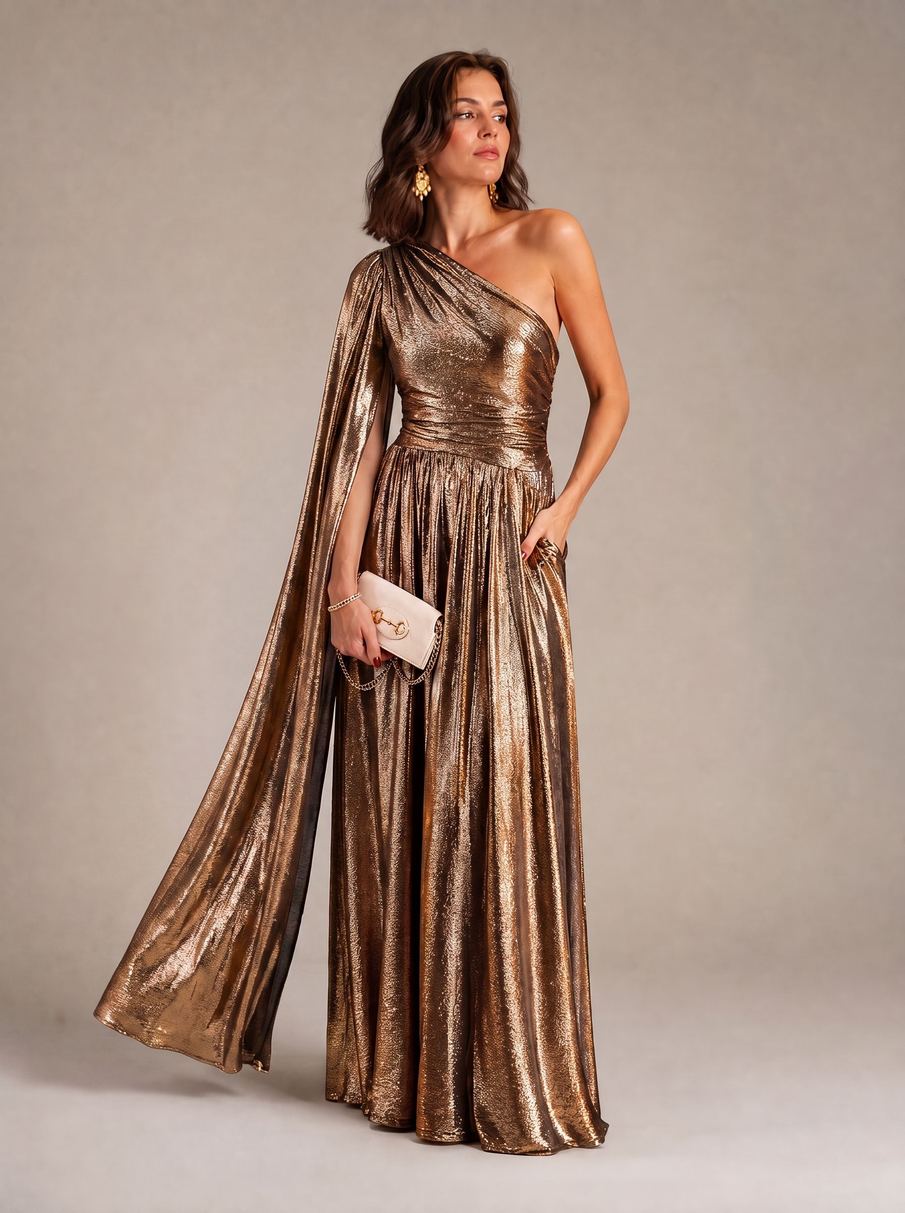 Radiant Metallic Bronze Draped One-Shoulder Sheath Formal Evening Dress 