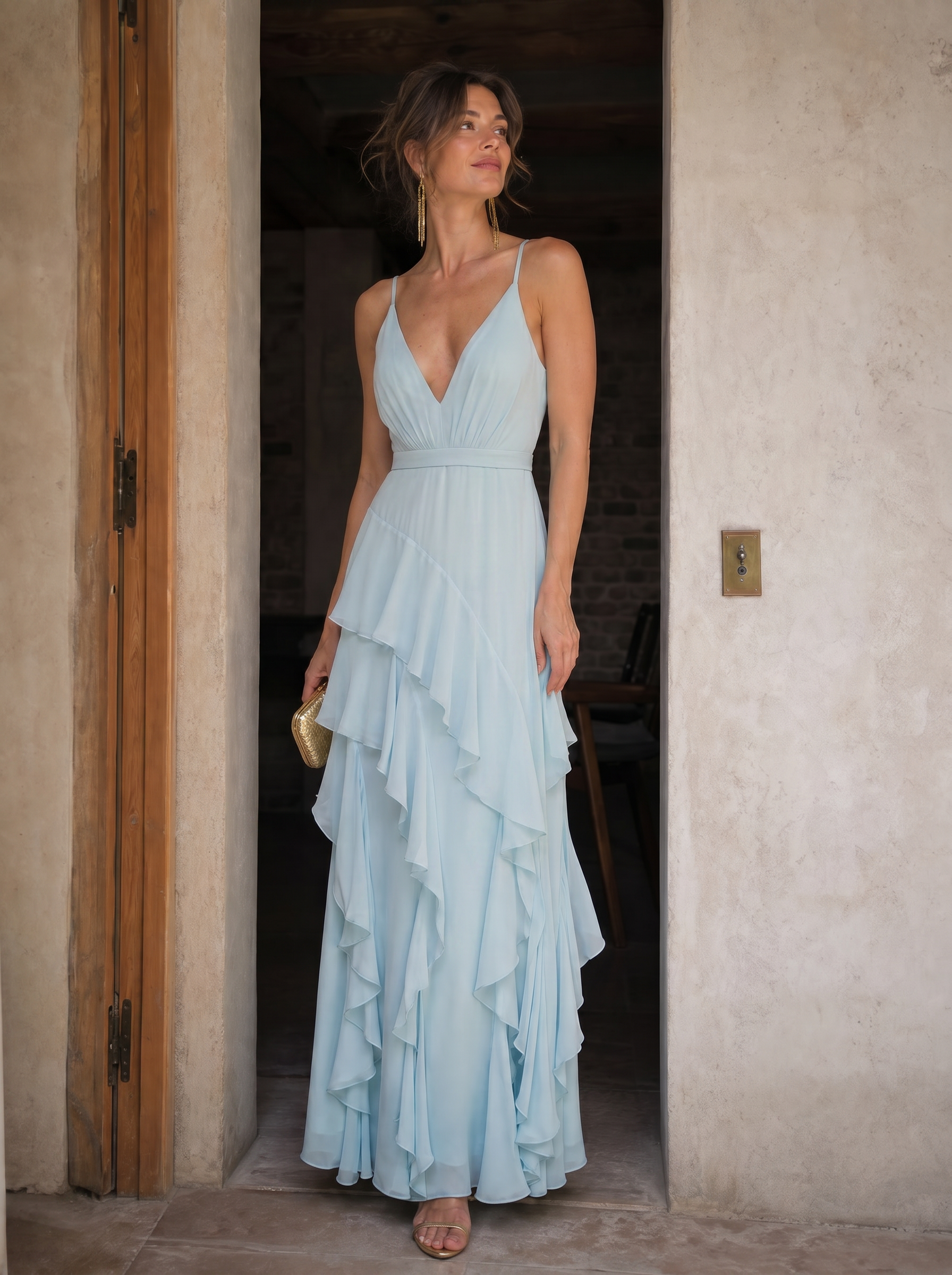 Ethereal Sky Blue Spaghetti Straps V-Neck Ruffled Formal Evening Dress