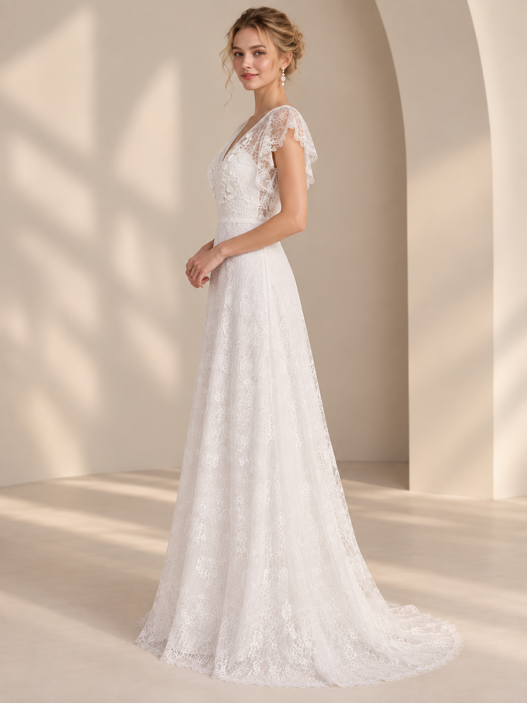 White Floral Appliqué Lace Flutter-Sleeve V-Neck A-Line Wedding Dress 