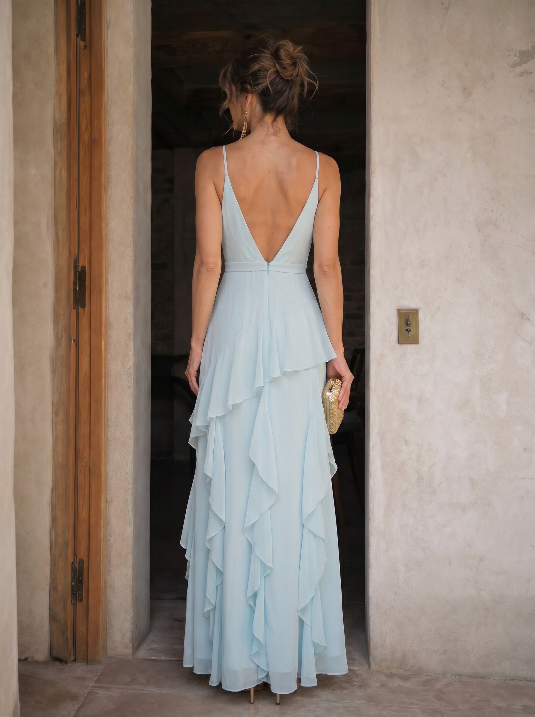 Ethereal Sky Blue Spaghetti Straps V-Neck Ruffled Formal Evening Dress