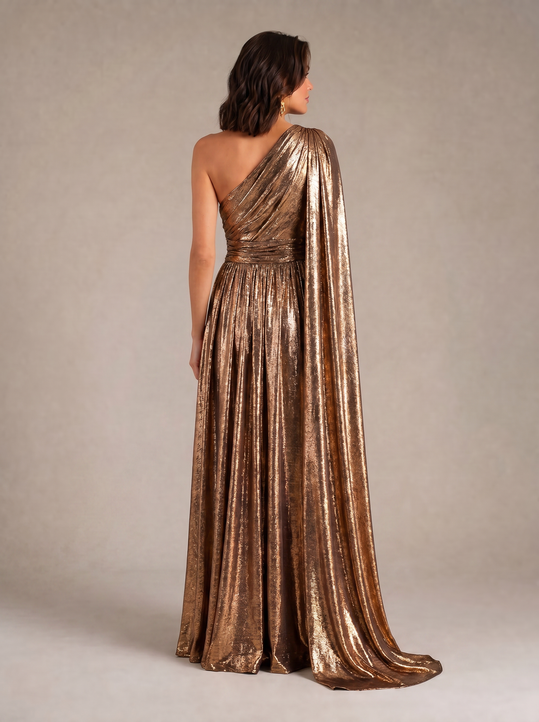Radiant Metallic Bronze Draped One-Shoulder Sheath Formal Evening Dress 