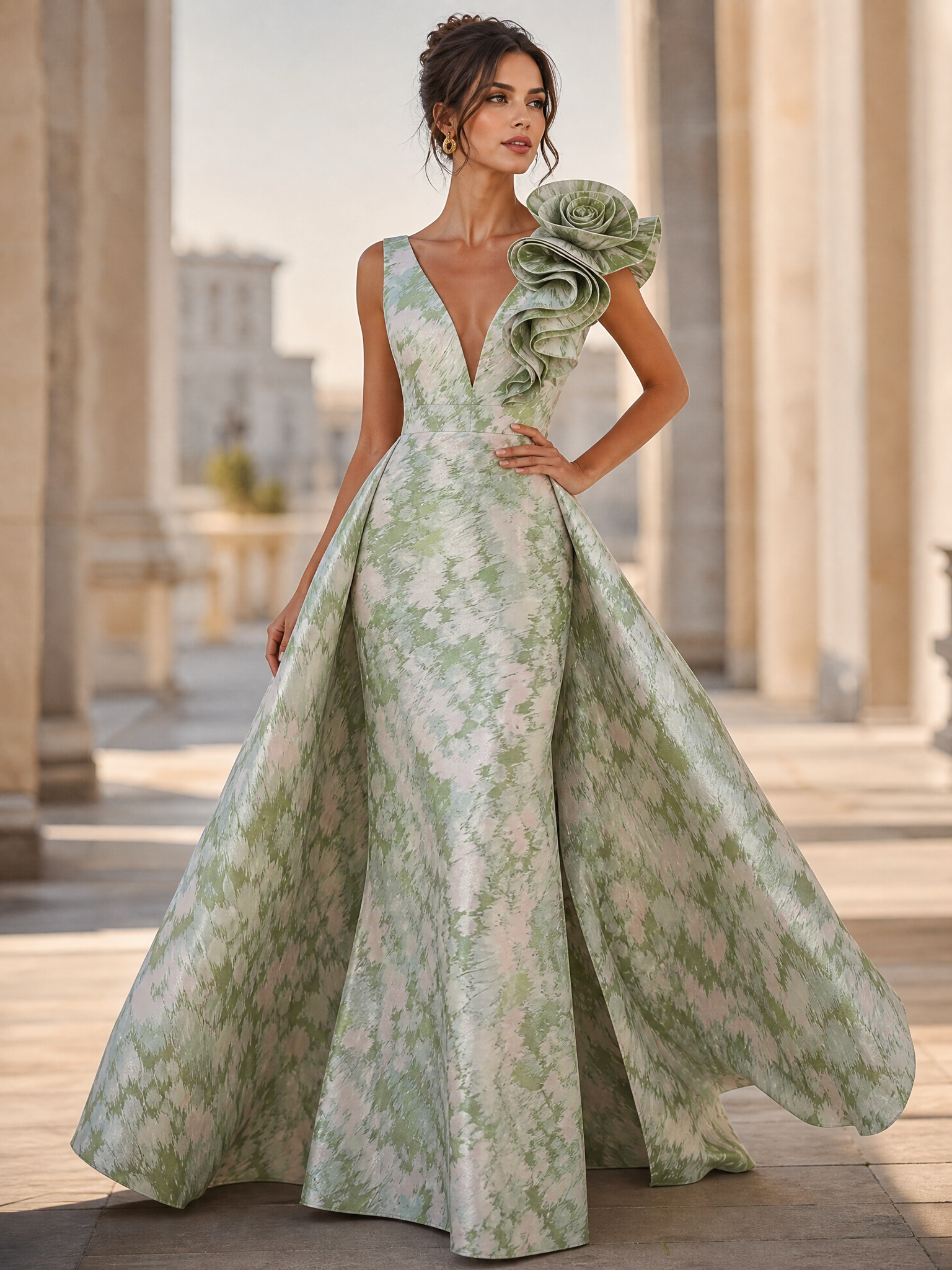 Ethereal Sage Green Botanical Pleated Floral A-Line V-Neck Formal Evening Dress 