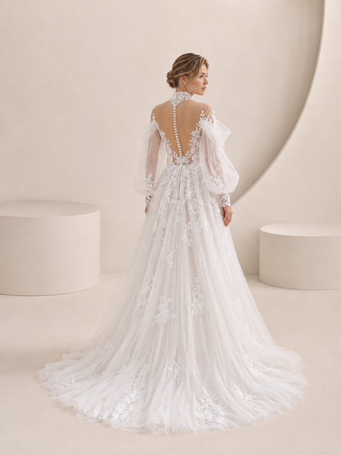  White High-Neck Long-Sleeve Lace Appliqué Sweetheart A-Line Wedding Dress 