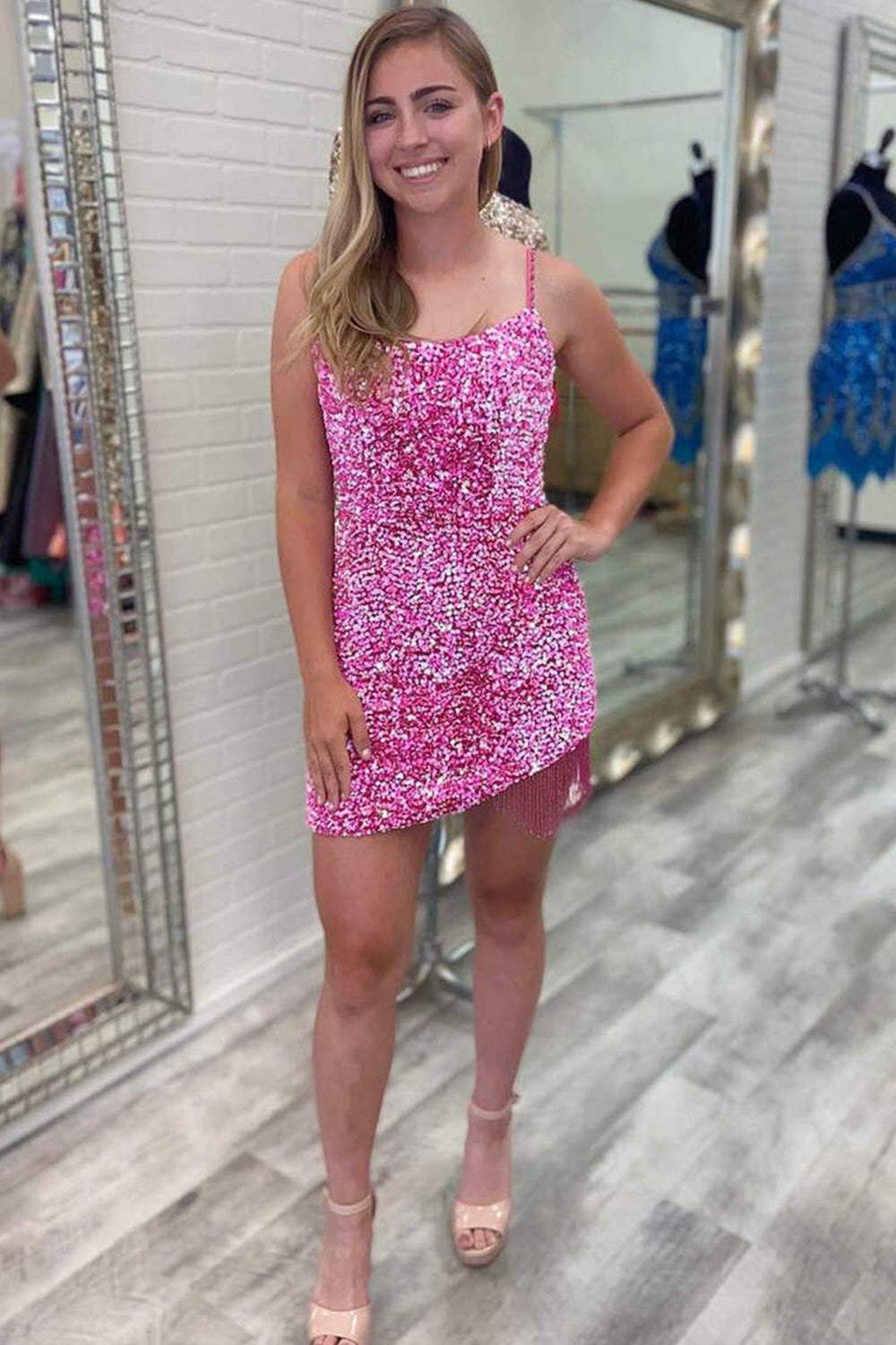 White Mermaid Sequined Tight Short Homecoming Dress with Fringes