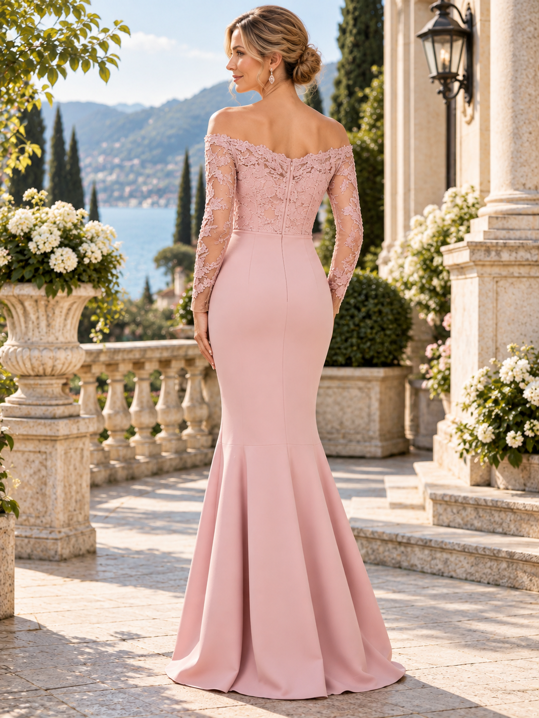Dusty Rose Off-The-Shoulder Lace Illusions High-Low Mermaid Mother of the Bride & Groom Dresses 