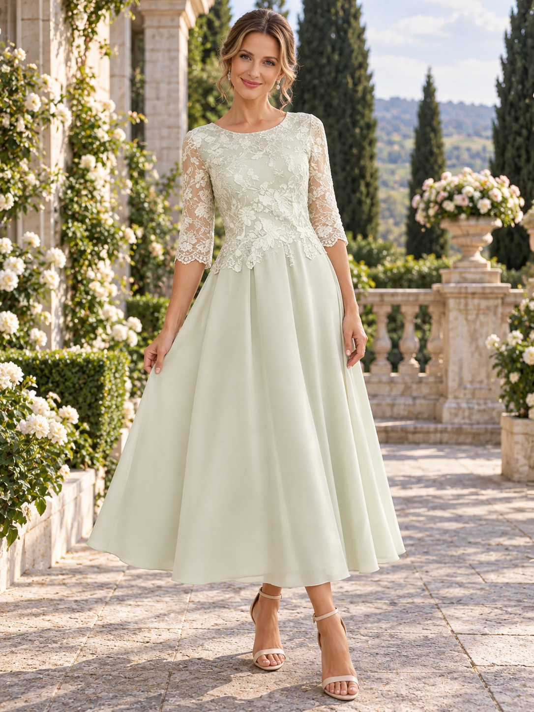 Sage Green Round Neck Lace 3/4 Sleeve A-Line Midi Mother of the Bride & Groom Dresses 