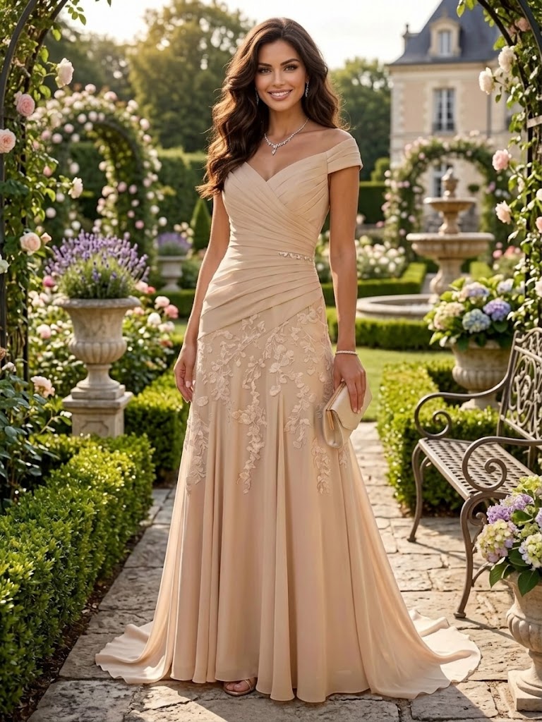 Sophisticated Champagne Lace-Accented Off Shoulder Long Mother of the Bride & Groom Dresses with Ruched Waist 