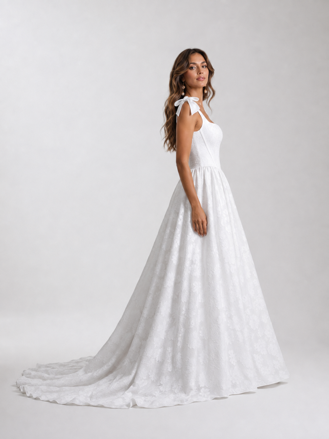  White Ball-Gown with Pockets Floral Burnout Square Neckline A-Line Wedding Dress