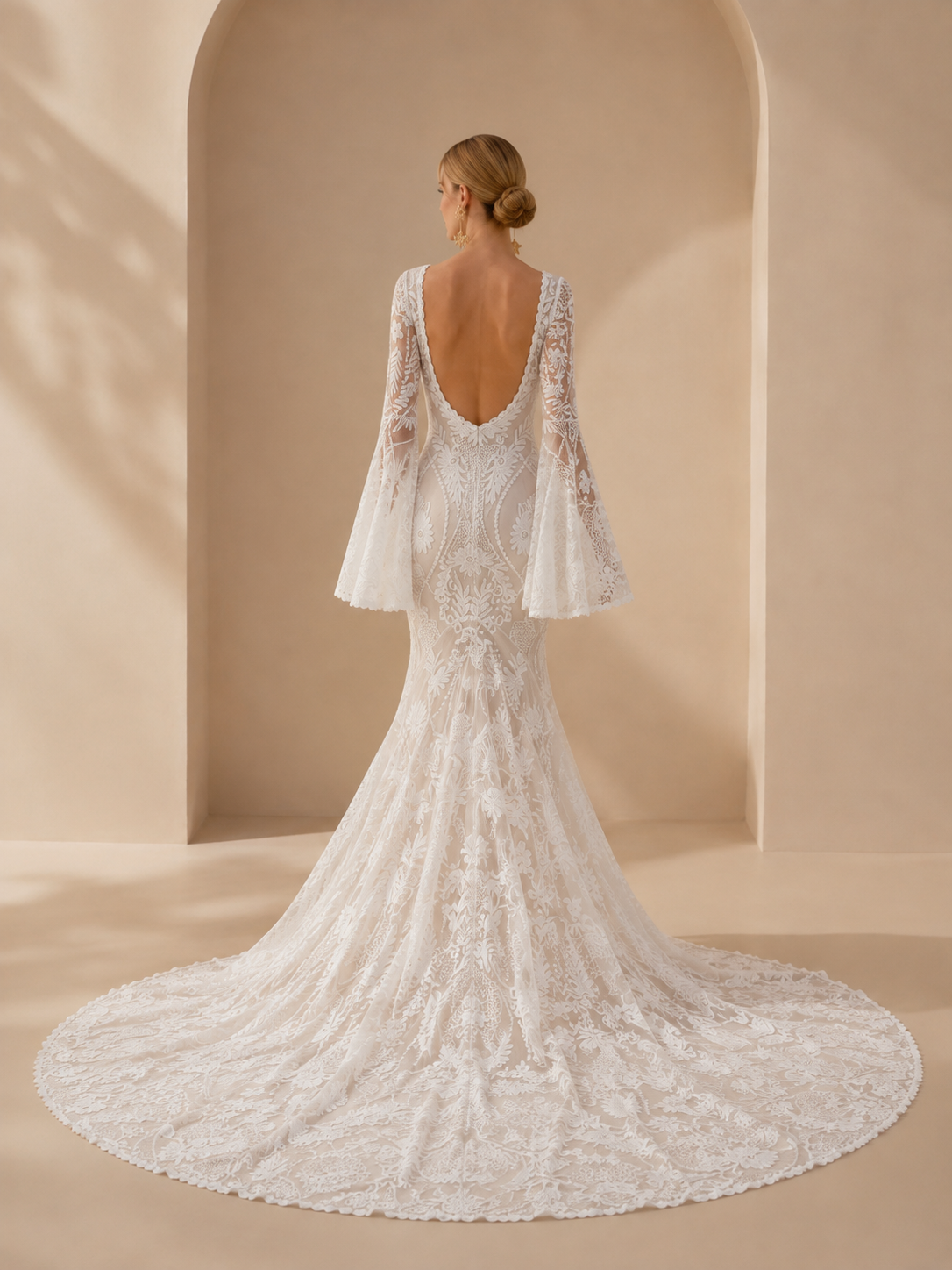 White Illusion Boat-Neck Lace Bell Sleeves Mermaid Wedding Dress 