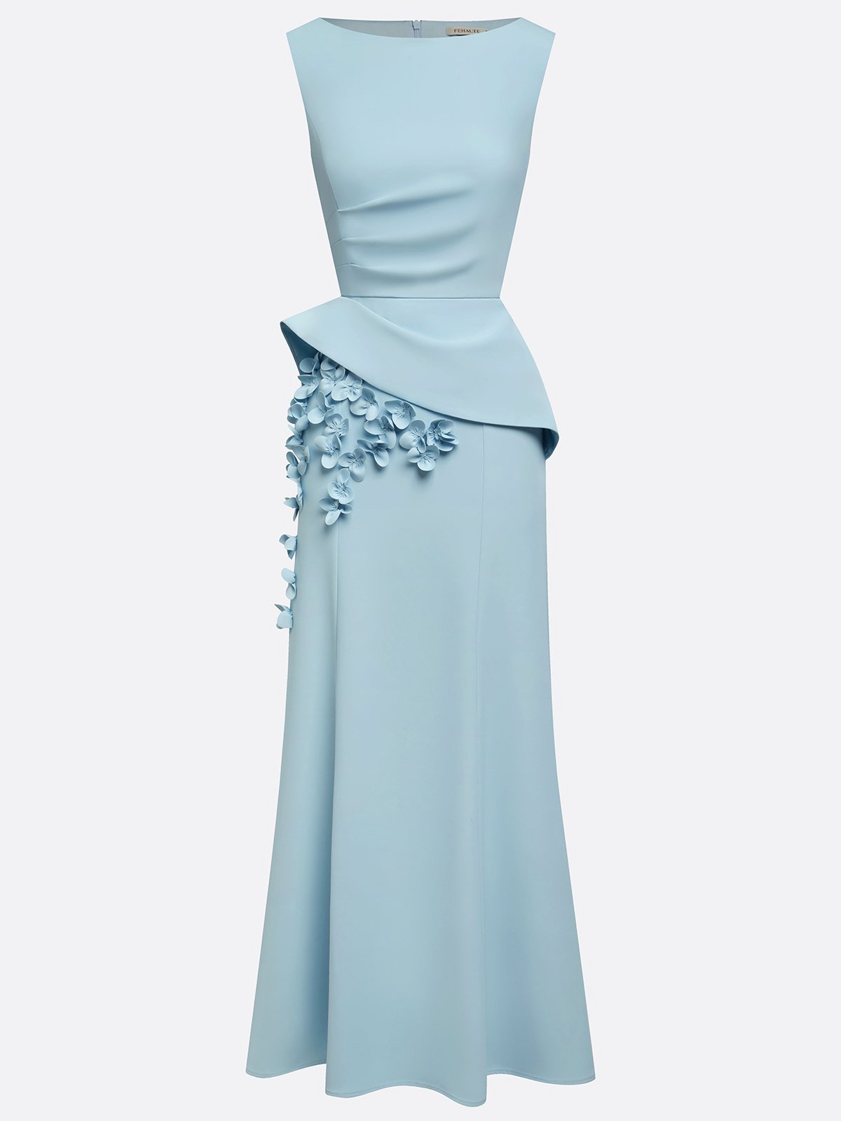 Sky Blue Peplum Sleeveless 3D Floral Appliqués Column Evening Gown Dress 