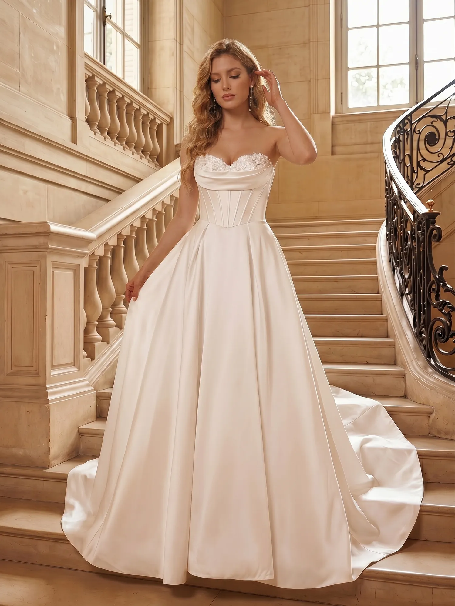 Strapless Lace-Corset Satin Ball Gown Wedding Dress