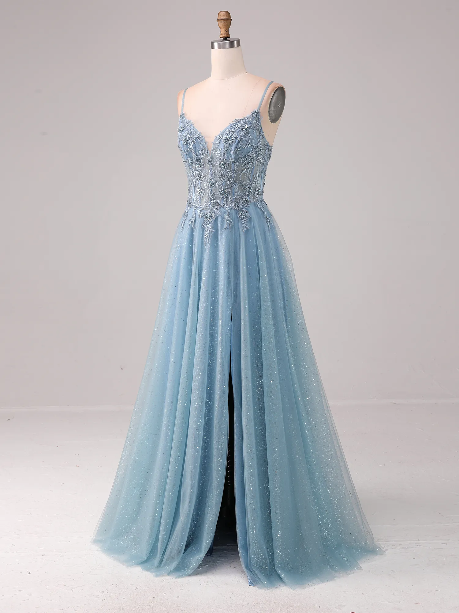 Sky Blue Spaghetti Strap Lace Appqué Glitter Tulle A-Line Prom Dress with Slit