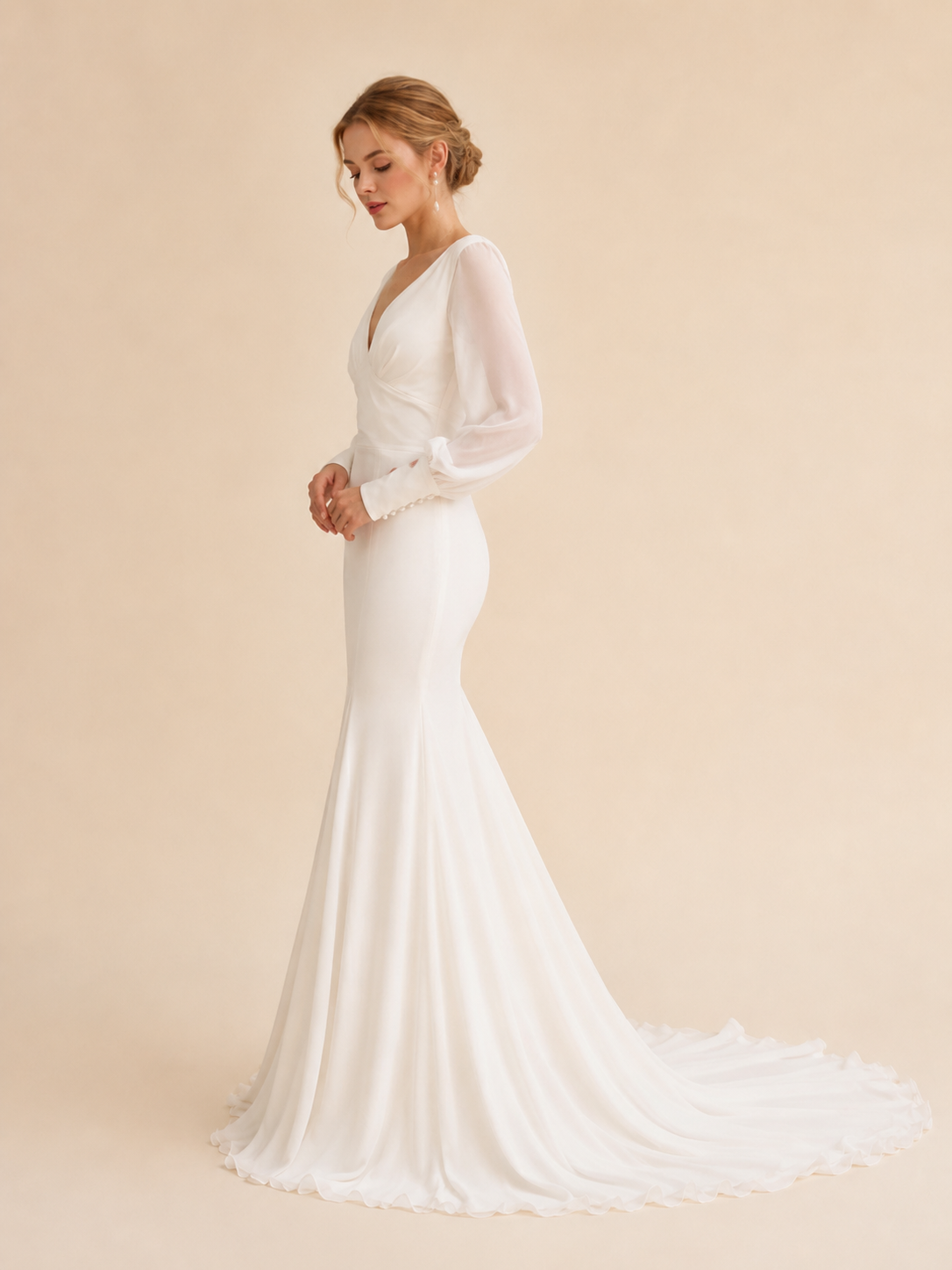 Ivory Long-Sleeve V-Neck Mermaid Wedding Dress 