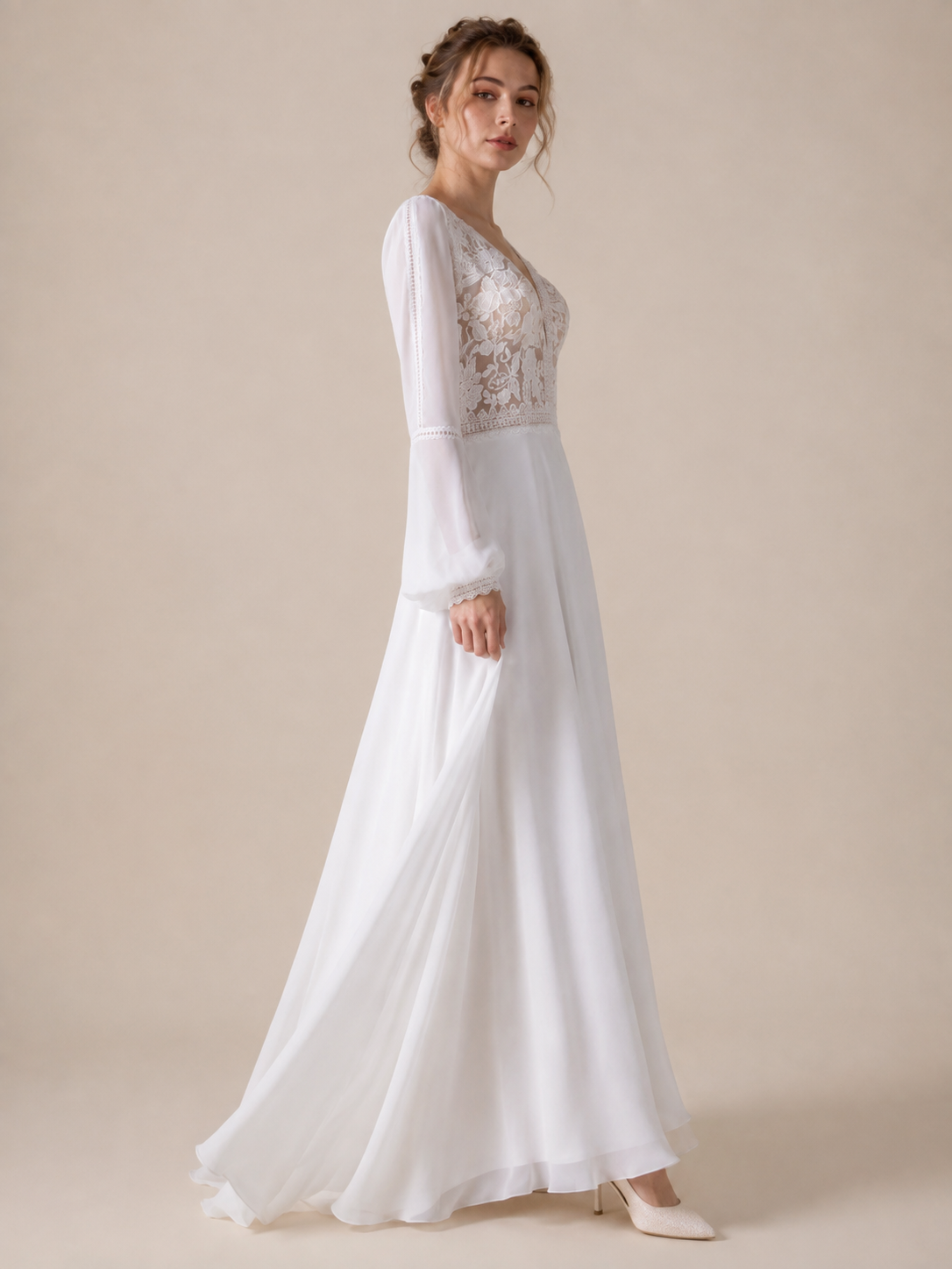 White Chiffon Lace V-Neck Long-Sleeve A-Line Maxi Wedding Dress 